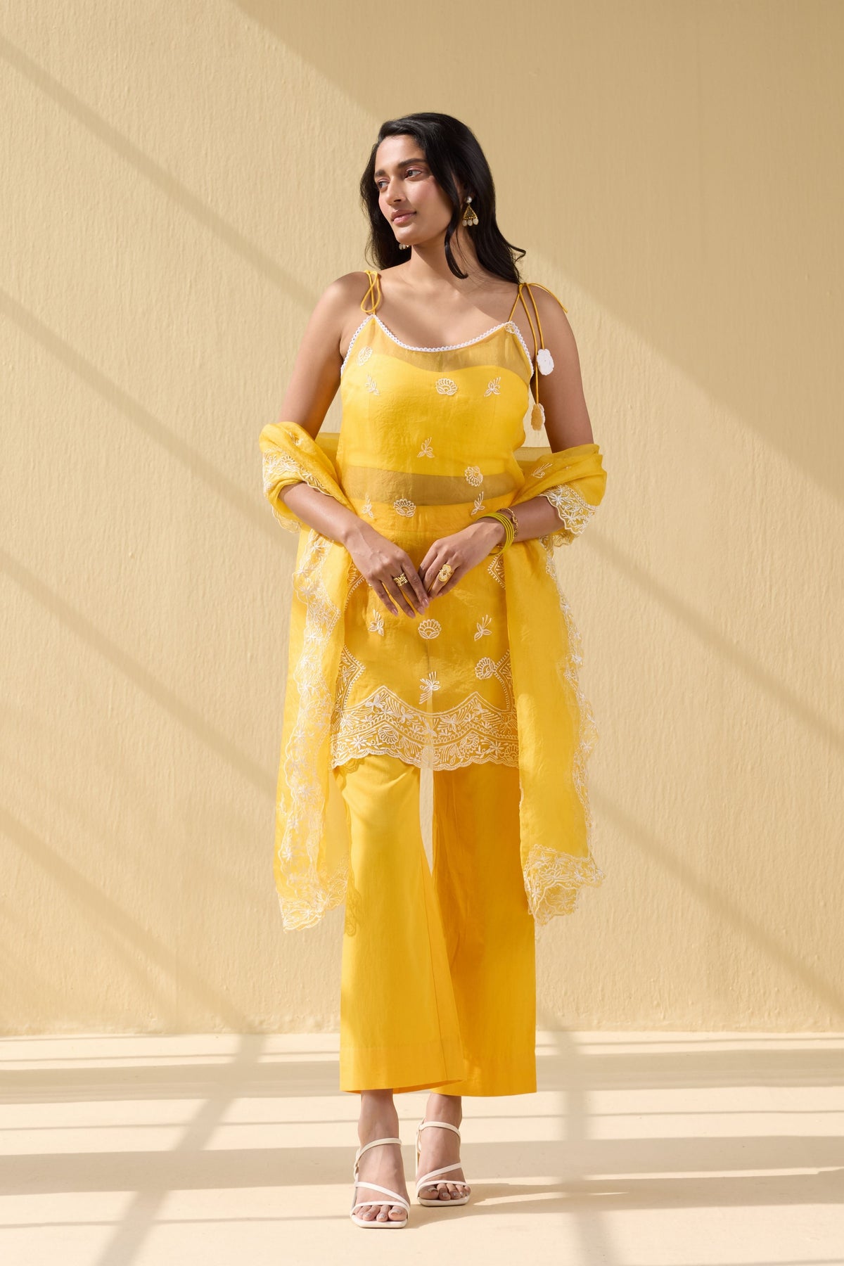 Yellow Embroidered Organza Suit