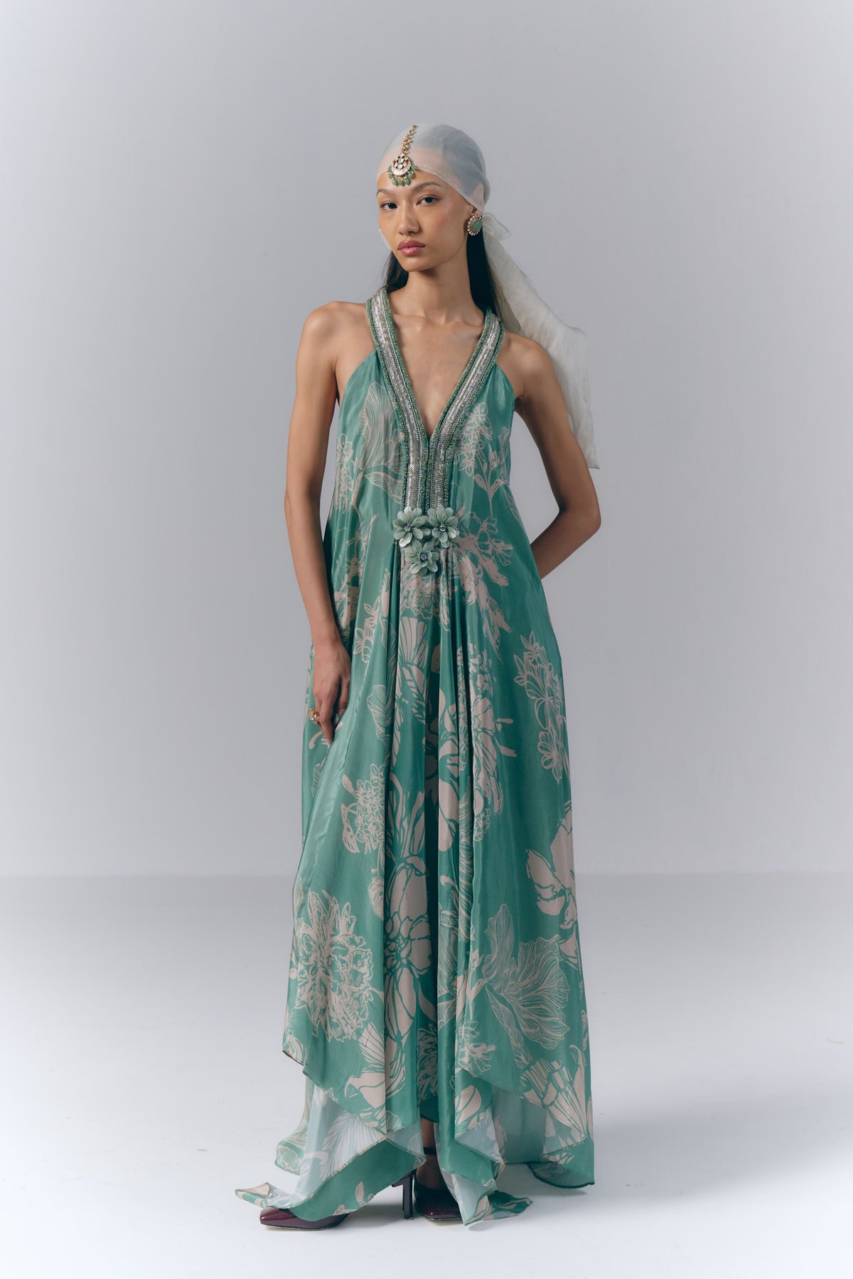 Aqua Whisper Printed Long Dress