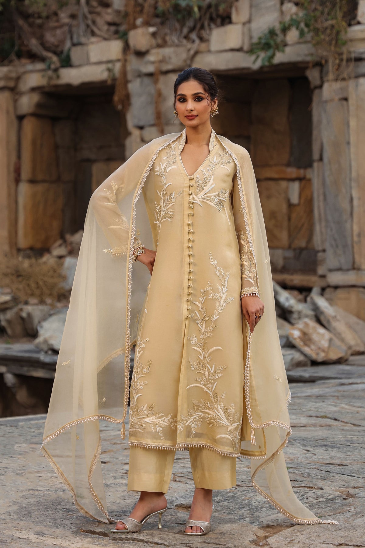Vaayu Beige Heavy Jacket Kurta Set