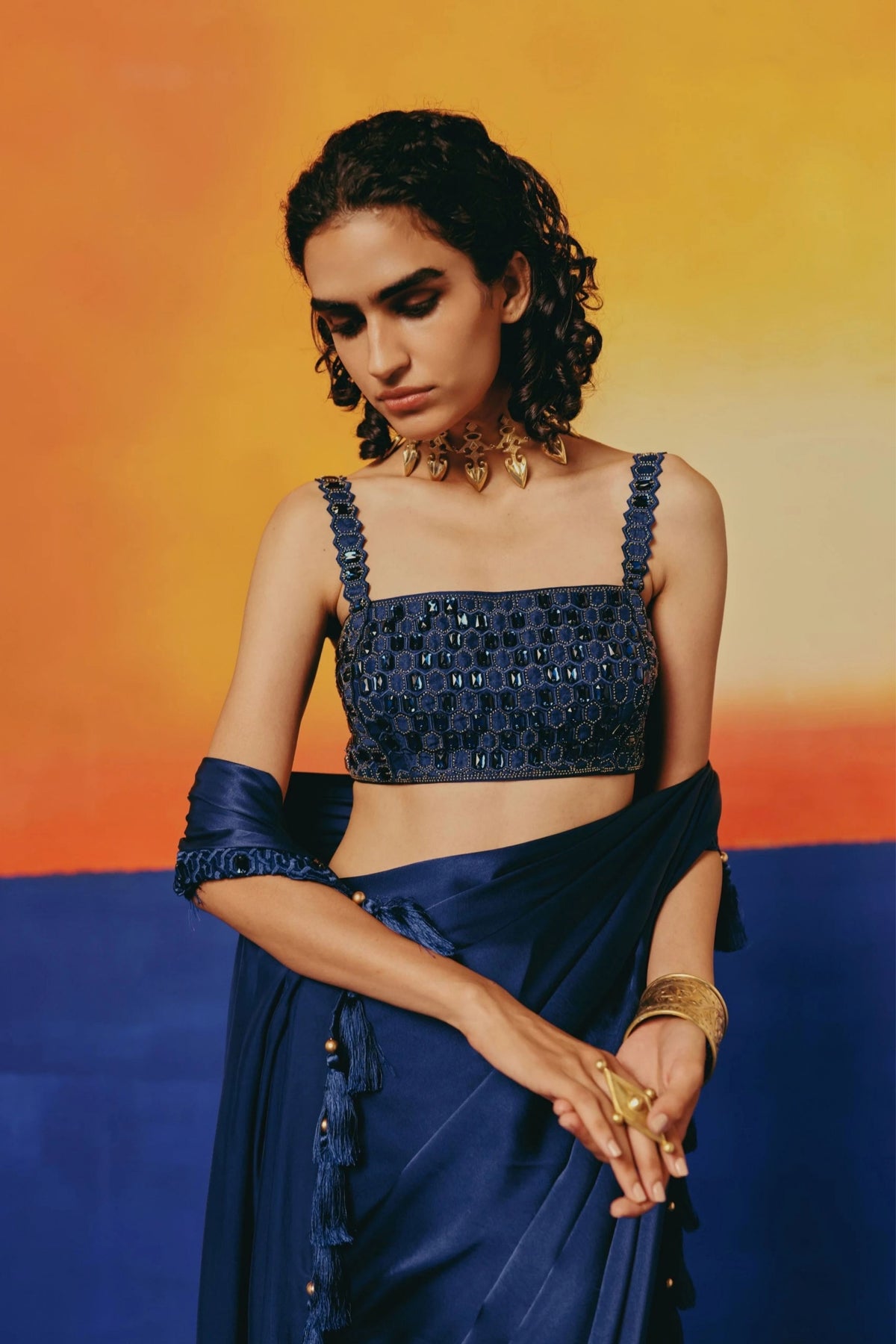 Crystal Blue Draped Saree Set