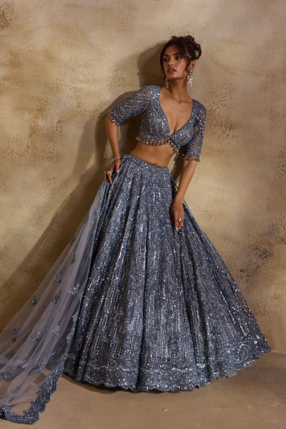 Stone Grey Net Lehenga Set