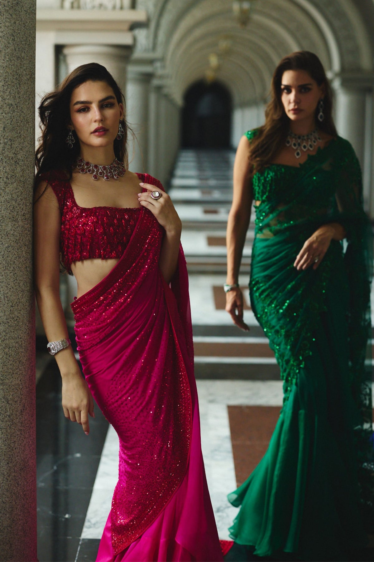 Emerald Green Draped Saree Set