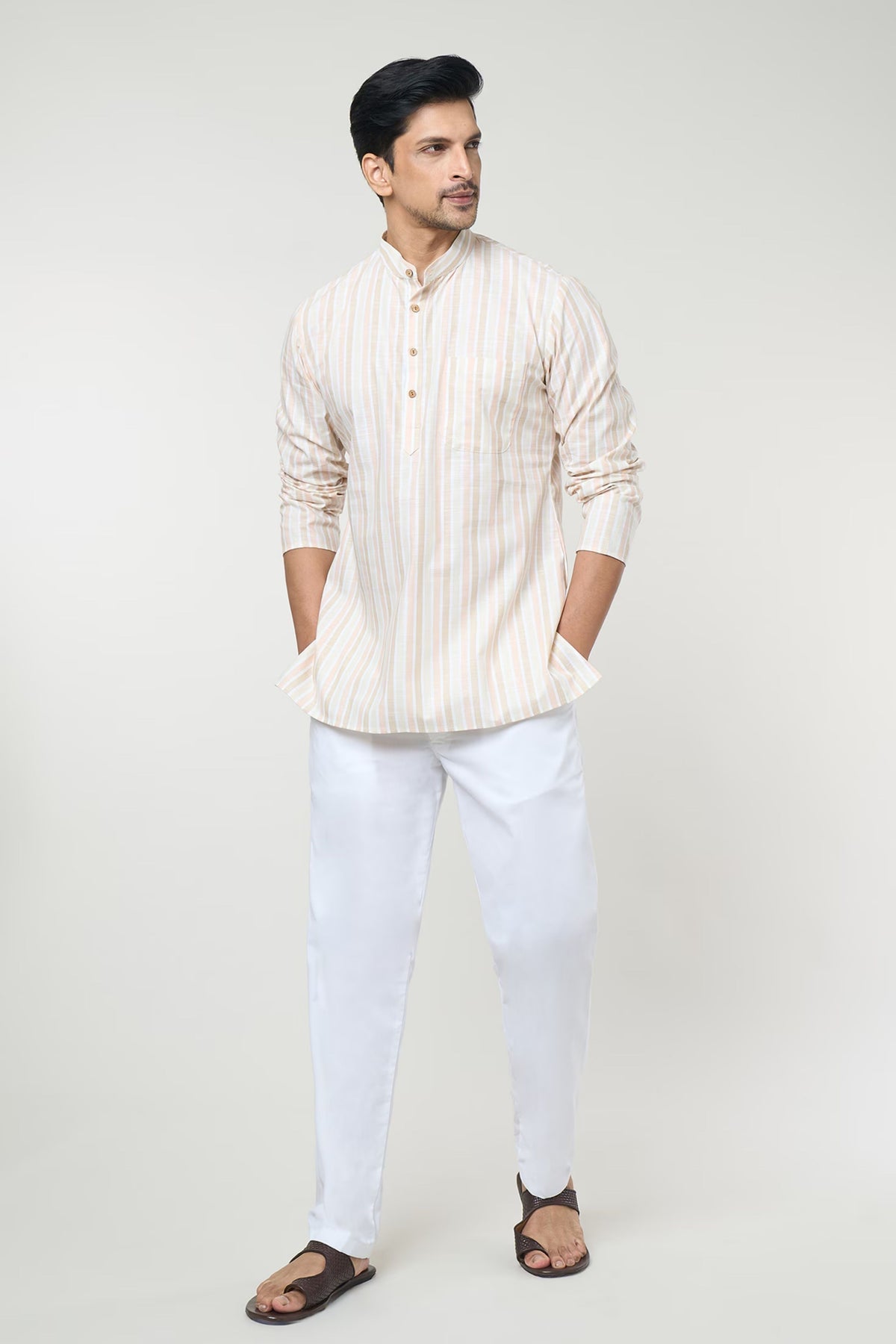 Beige Striped Printed Shirt Set