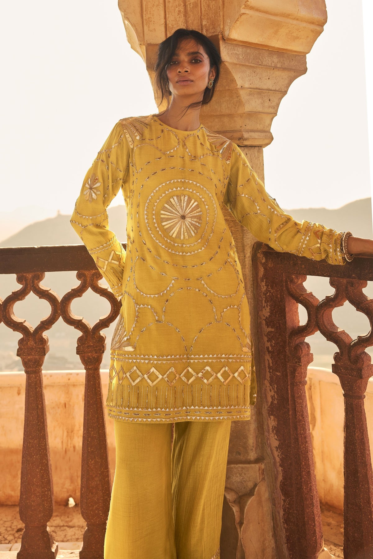 Yellow Kachi Patti Co-ord Set