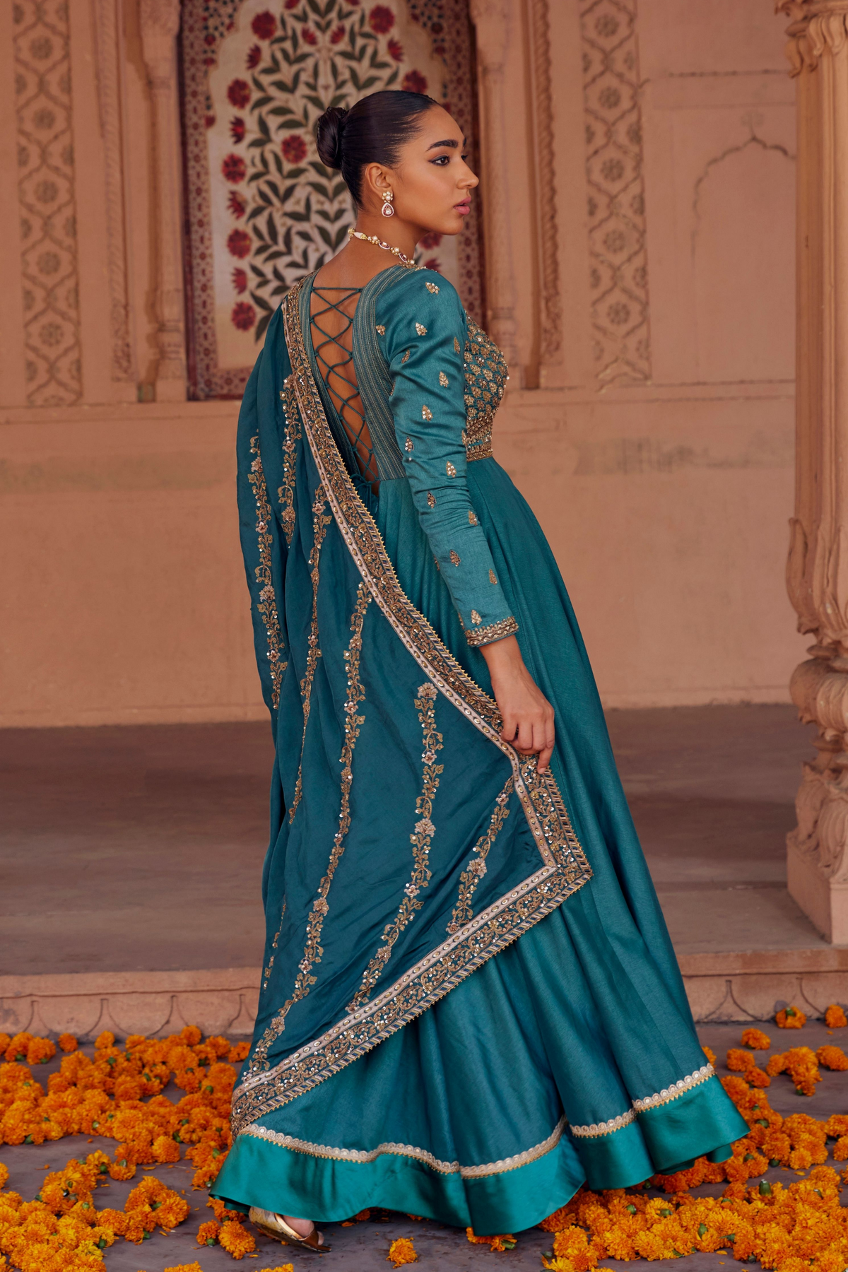 Barkha Turquoise Elegance in Fine Silk Anarkali With Zari Work