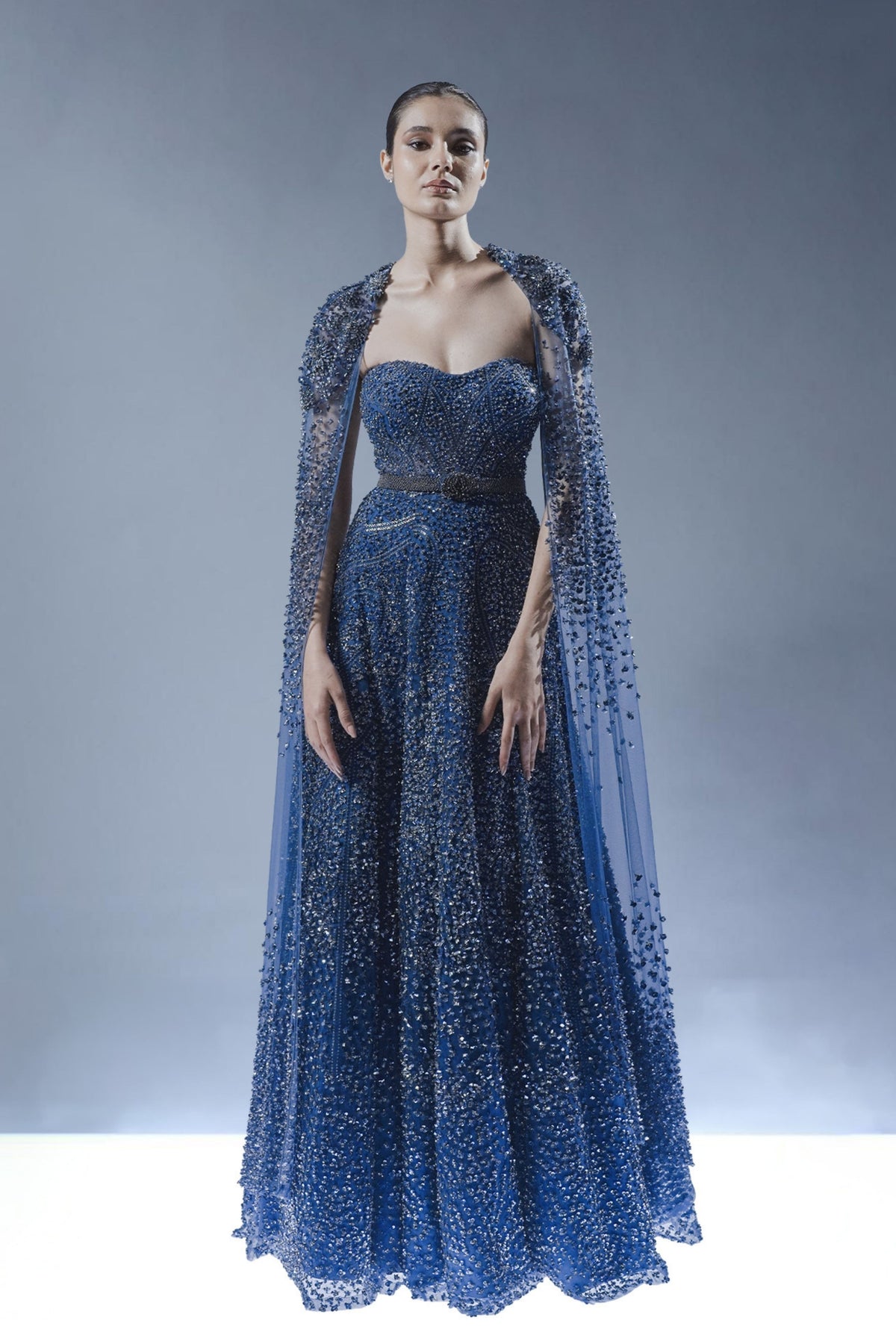 Royal Sapphire Embellished Gown with Cape