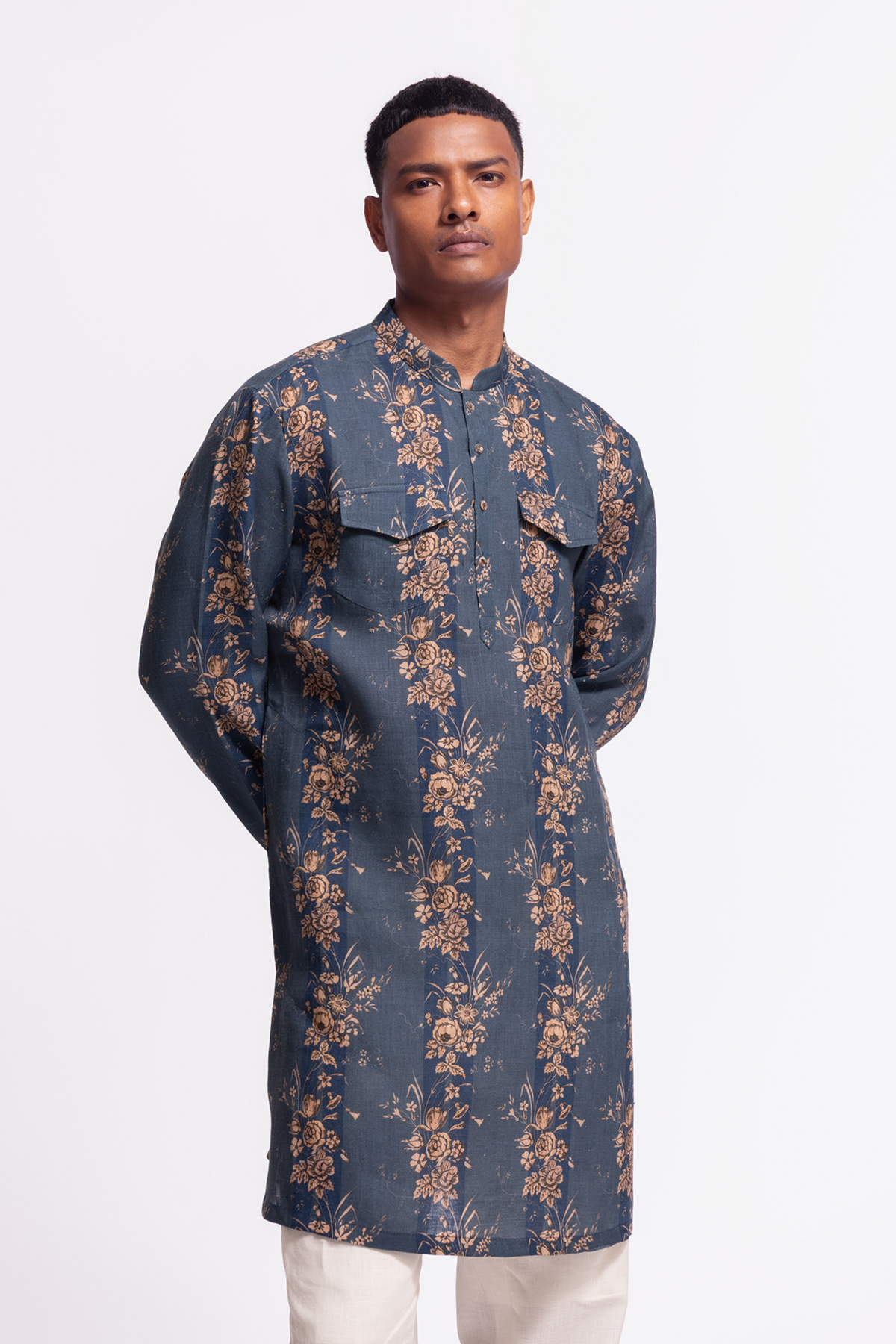 Floral Printed Linen Short Kurta With Pockets