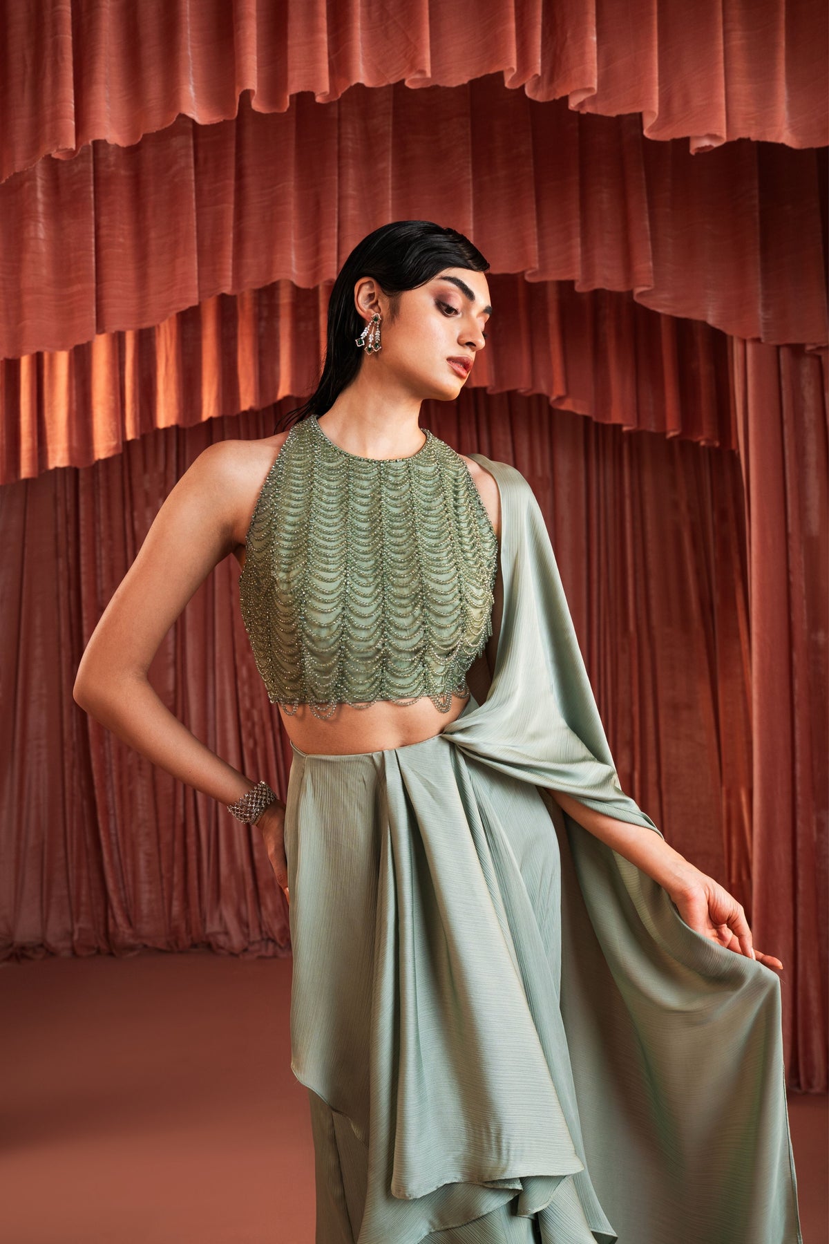 Sage Green Draped Saree Set