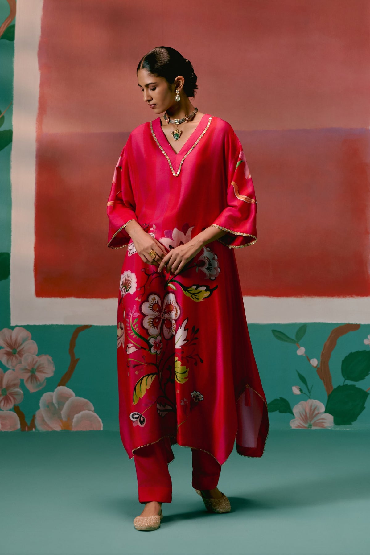 Fuschia Floral Kaftan Set