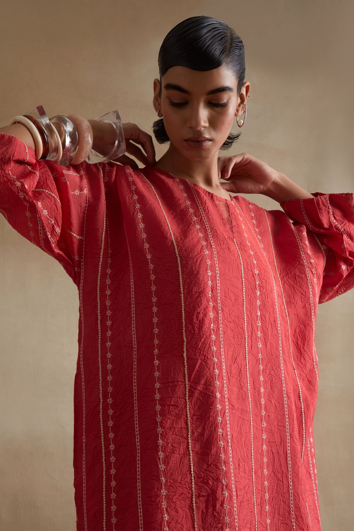 Tomato Beaded Embroidered Kurta Set