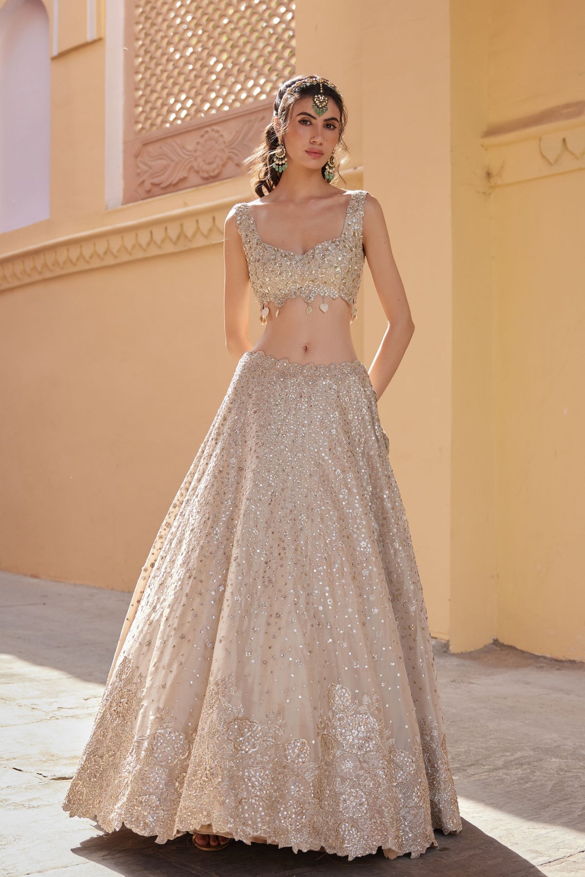 Beige Champagne Embroidered Lehenga