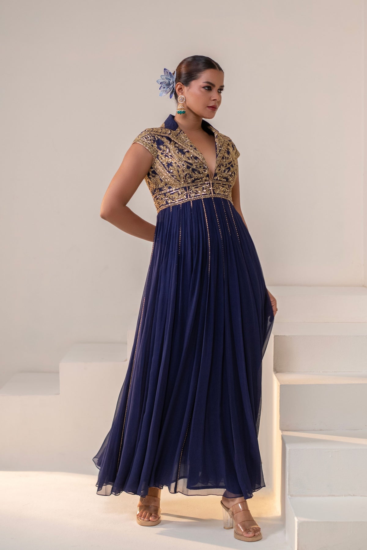 Navy Blue Lapel-Collared Anarkali