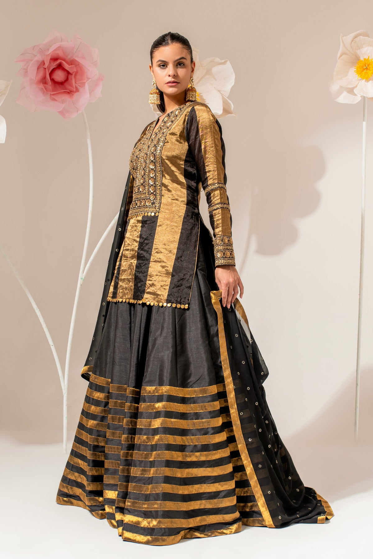 Black Embroidered Kurta Lehenga Set