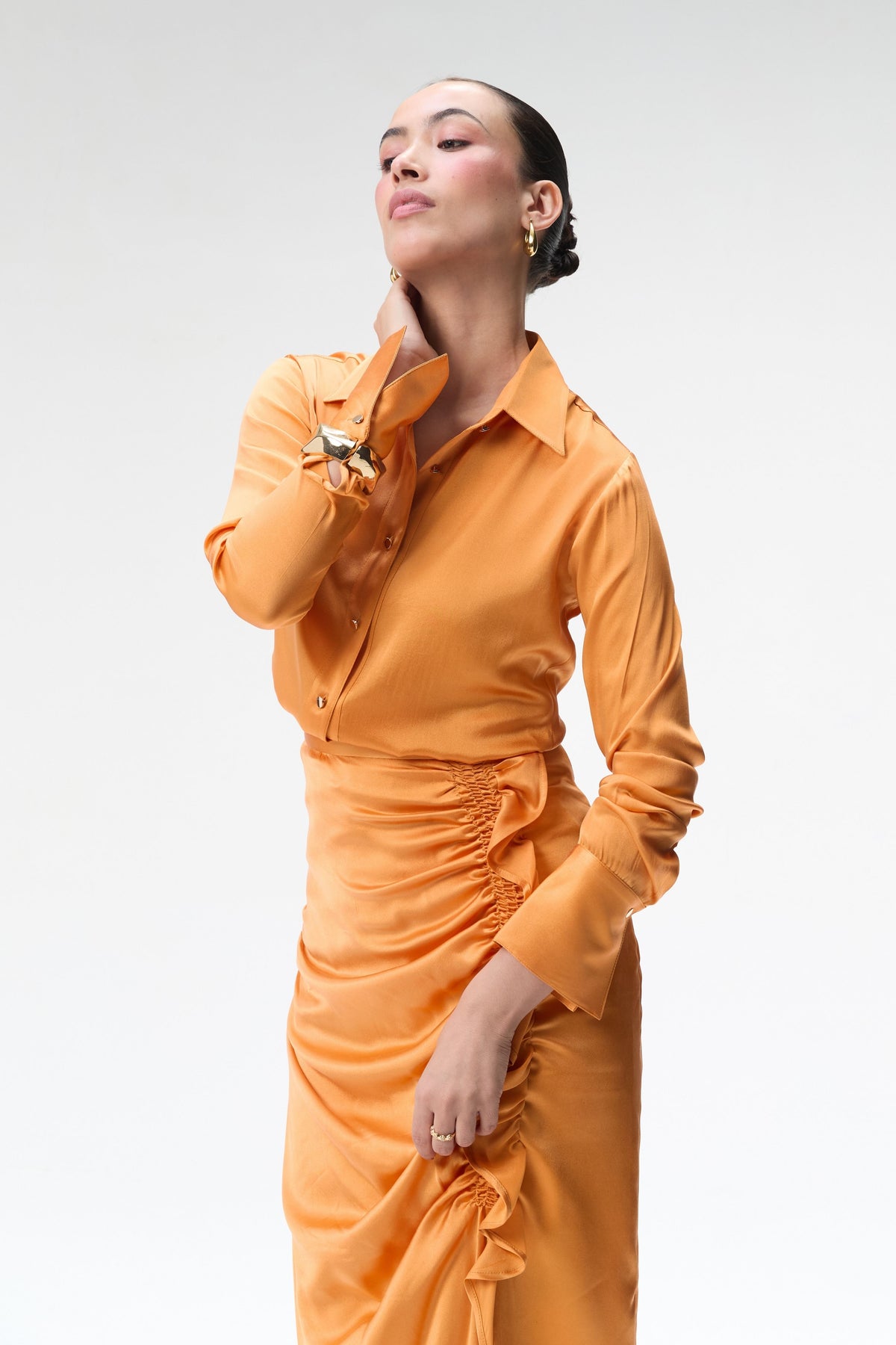 Coral Side Ruched Silk Skirt