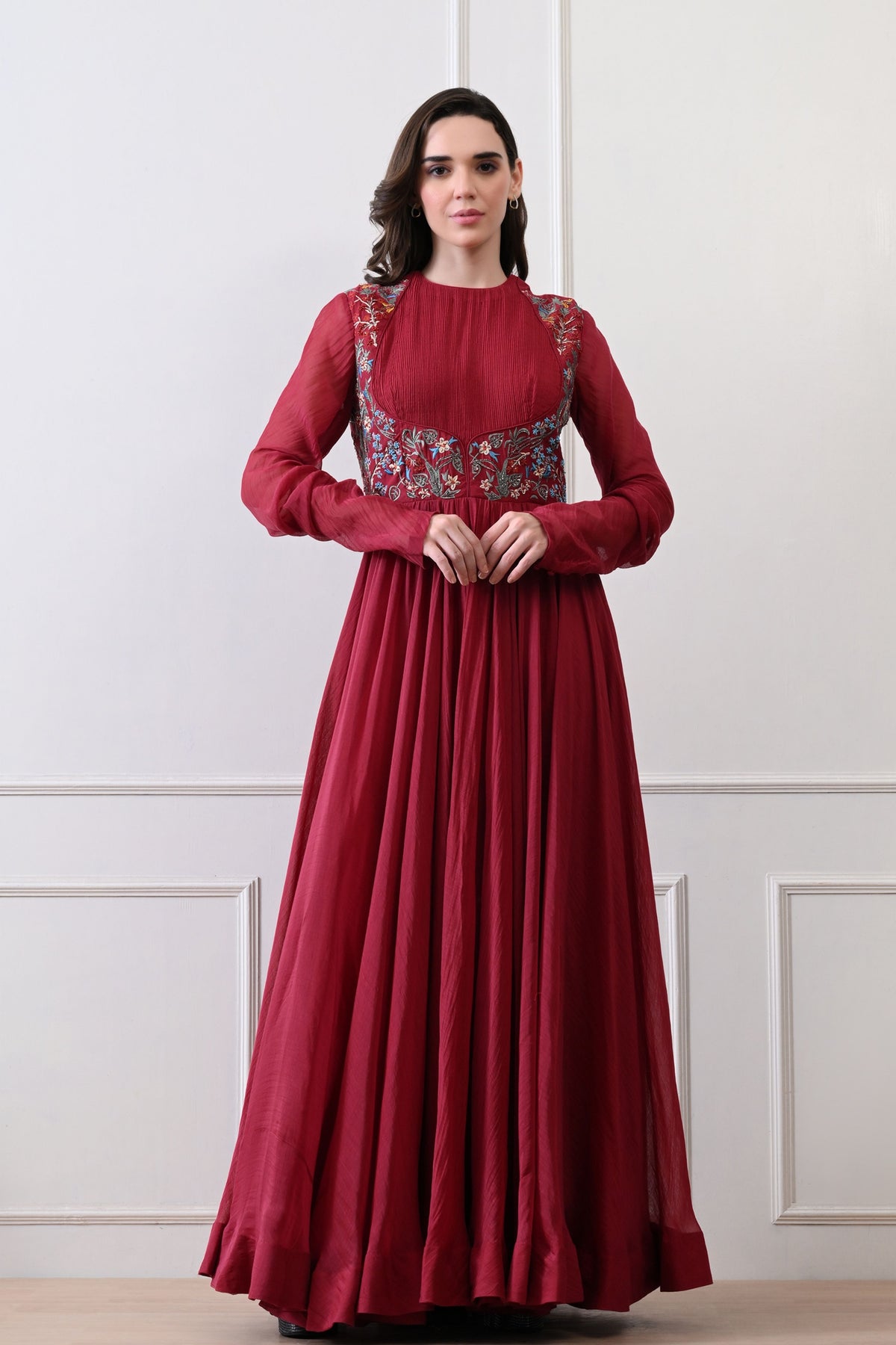 Maroon Pintuck Bodice Embroidered Anarkali