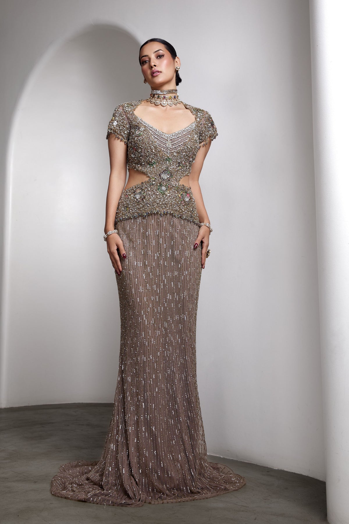 Nude Sequin Embellished Gown