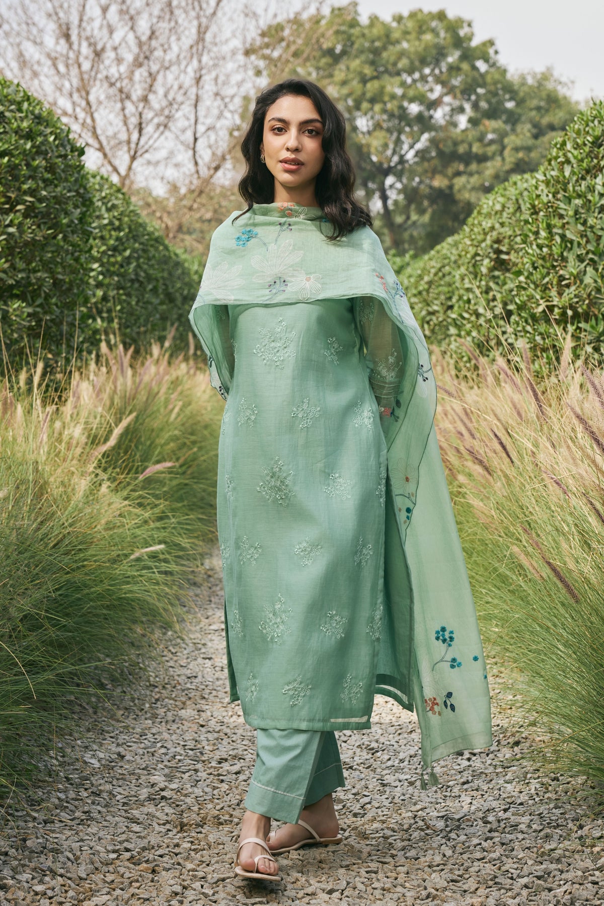 Mint Floral Embroidered Kurta Set