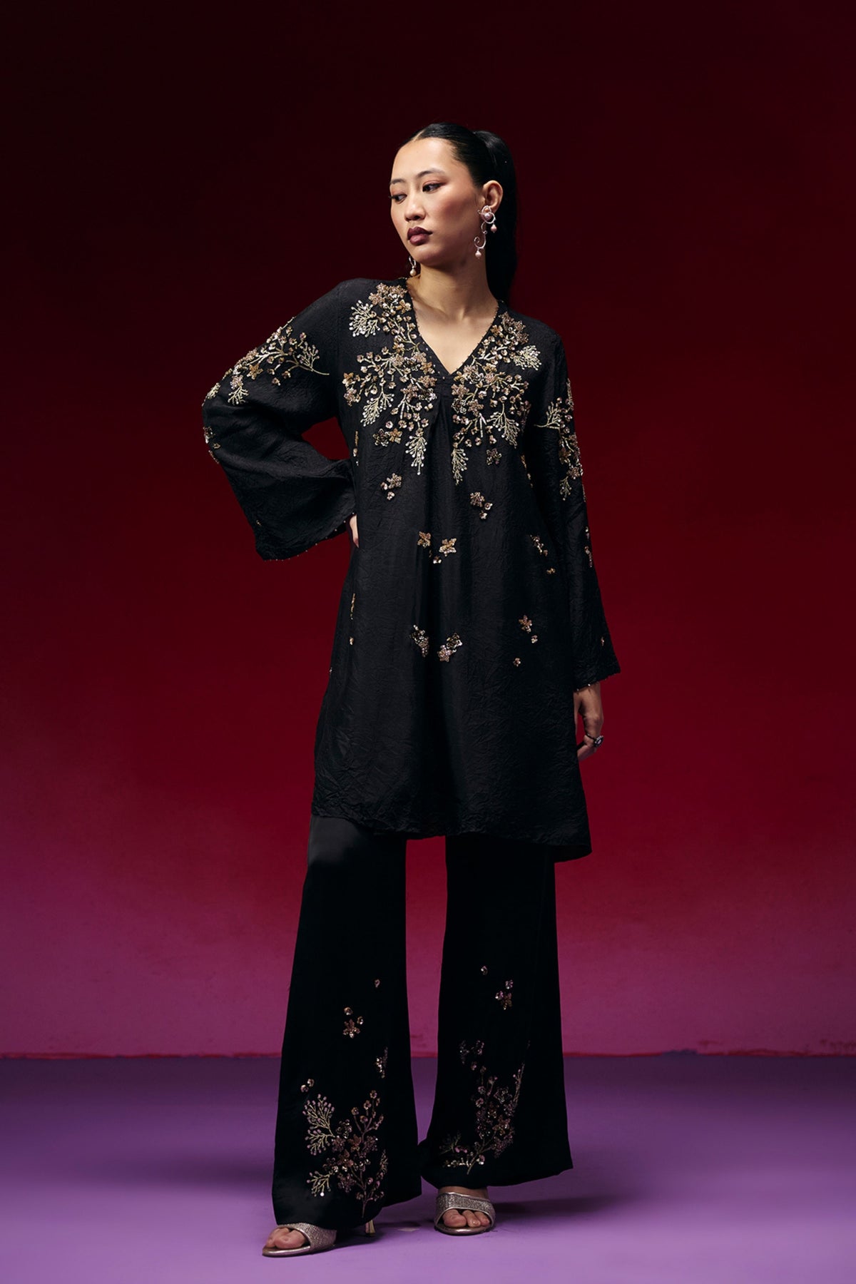 Black Luxe Floral Tunic Set