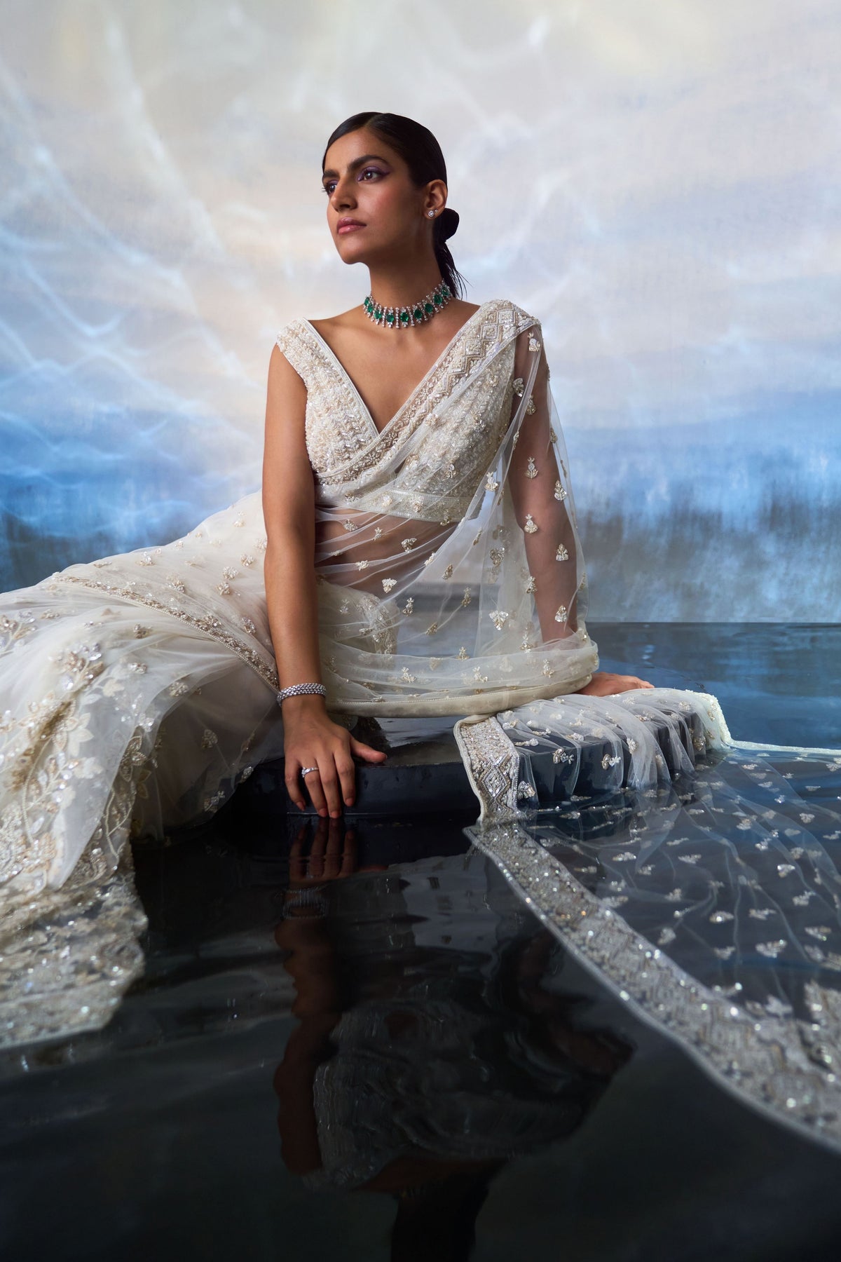 Ivory Embroidered Saree Set