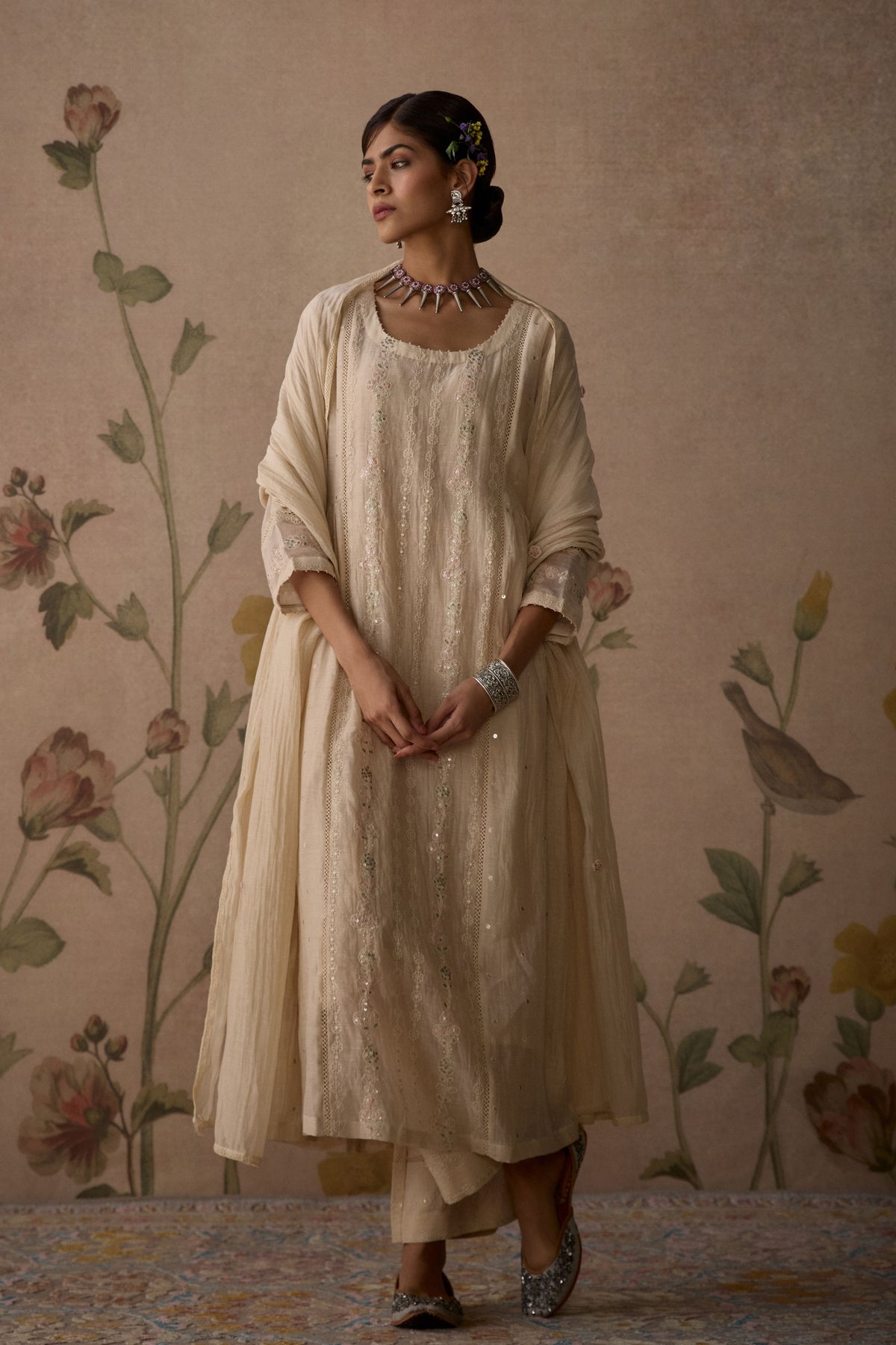 Ivory Chanderi Panelled Kurta Set
