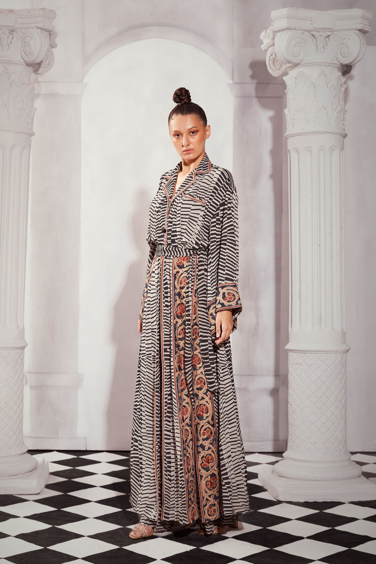 Byzantine Print Slit Dress With Embroidery