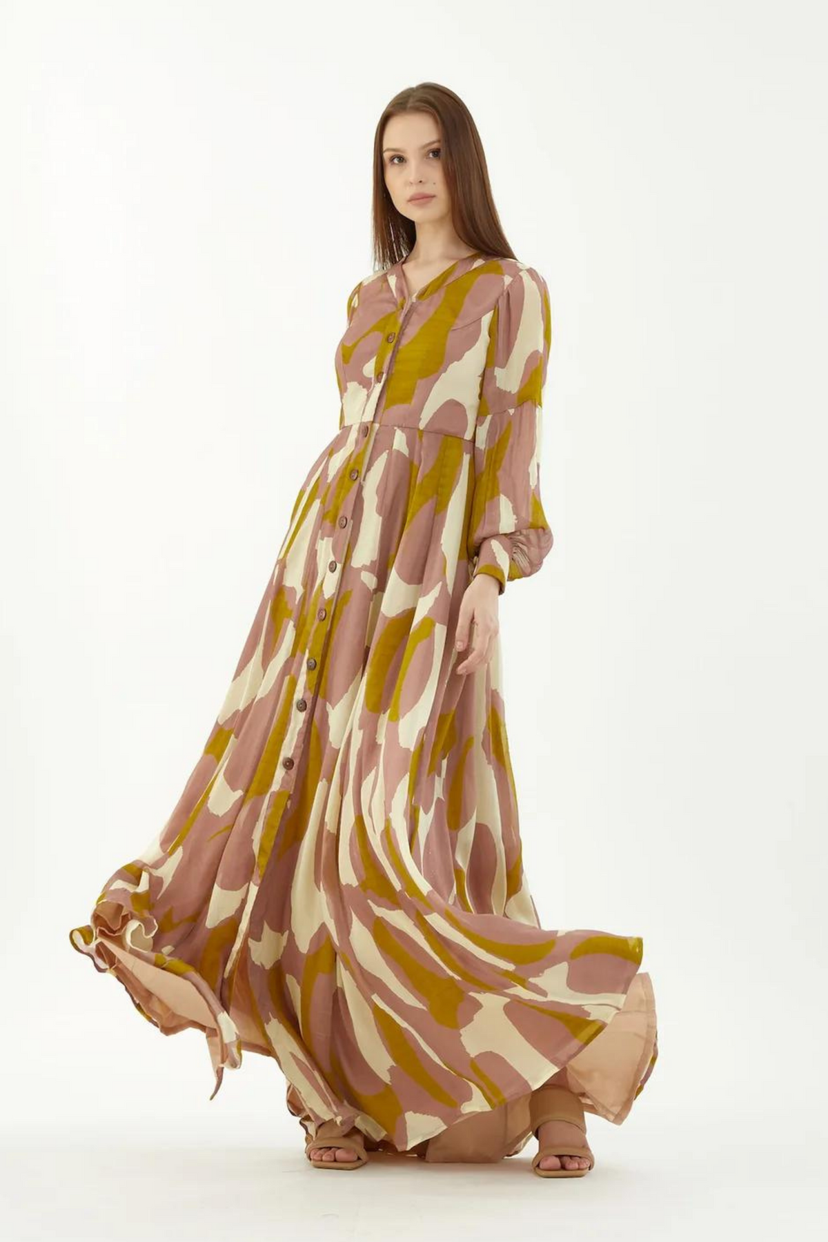 Peach, Mustard And Offwhite Front Open Abstract Dress