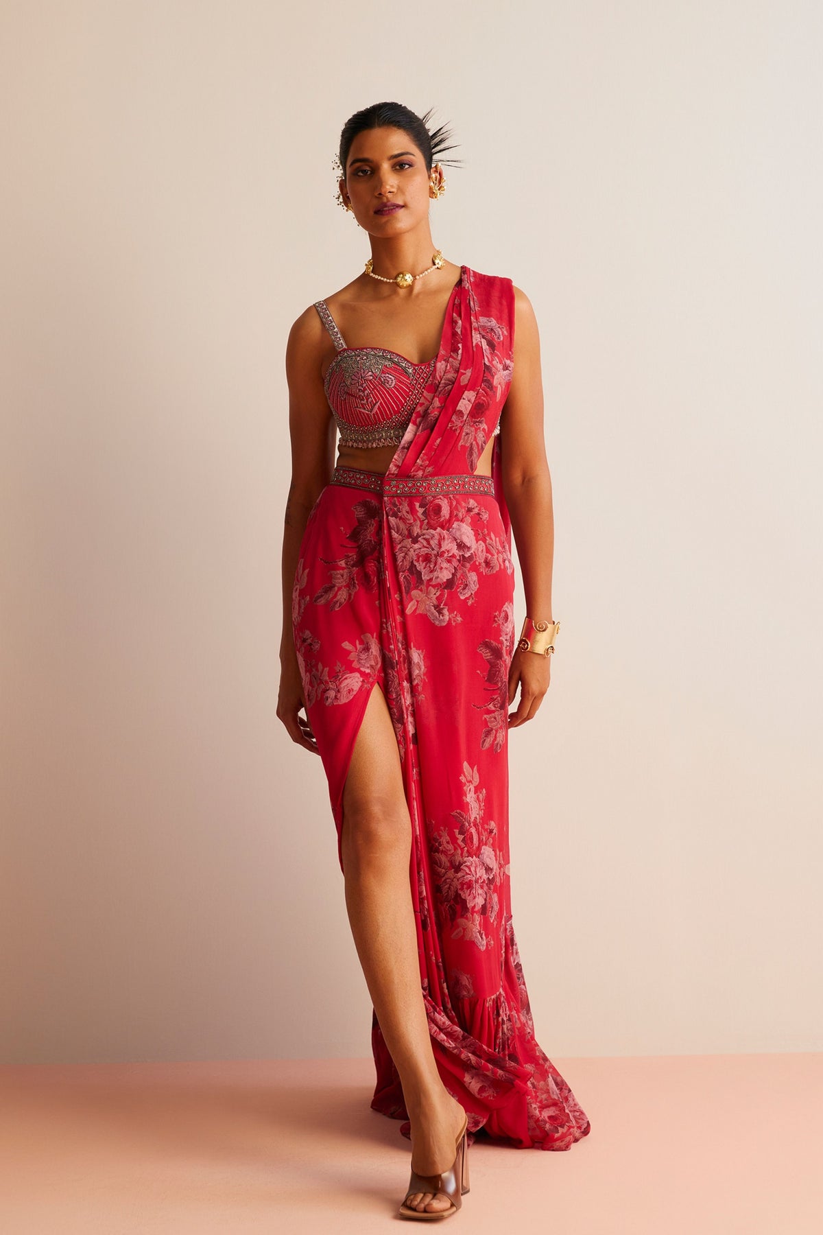Red Rumi Pre-draped Saree