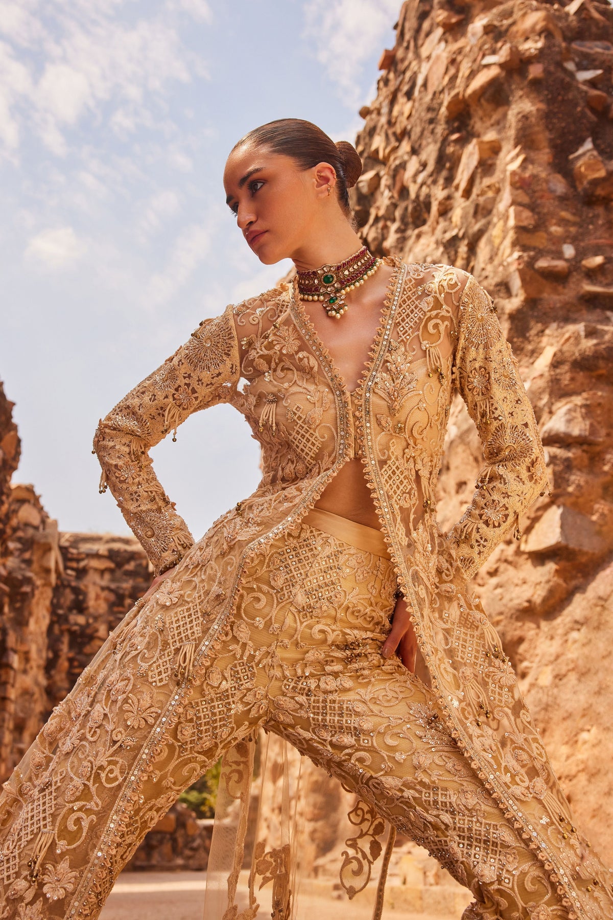 Champagne Embellished Long Jacket Set