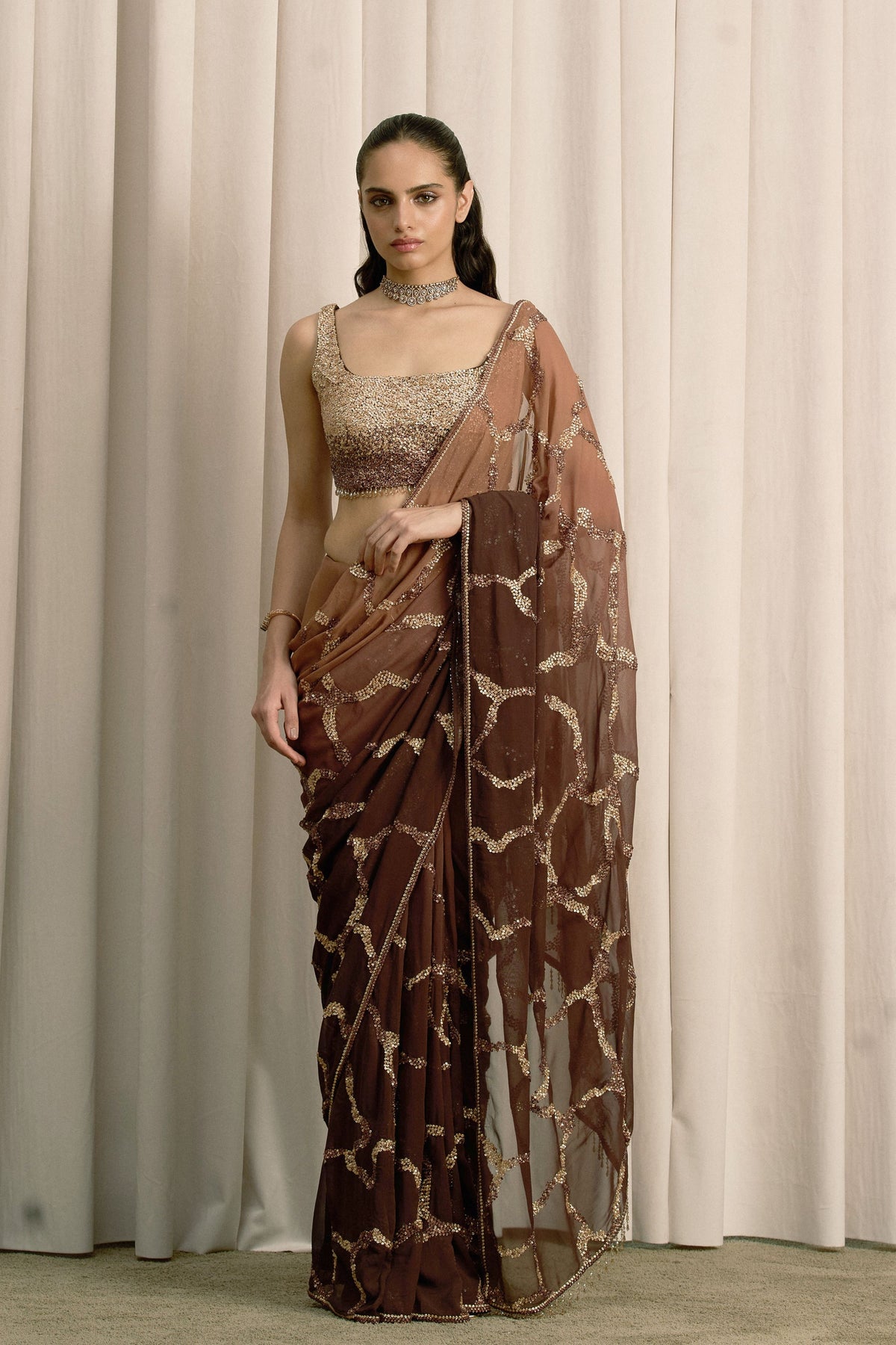 Brown Abstract Sequin Saree Set