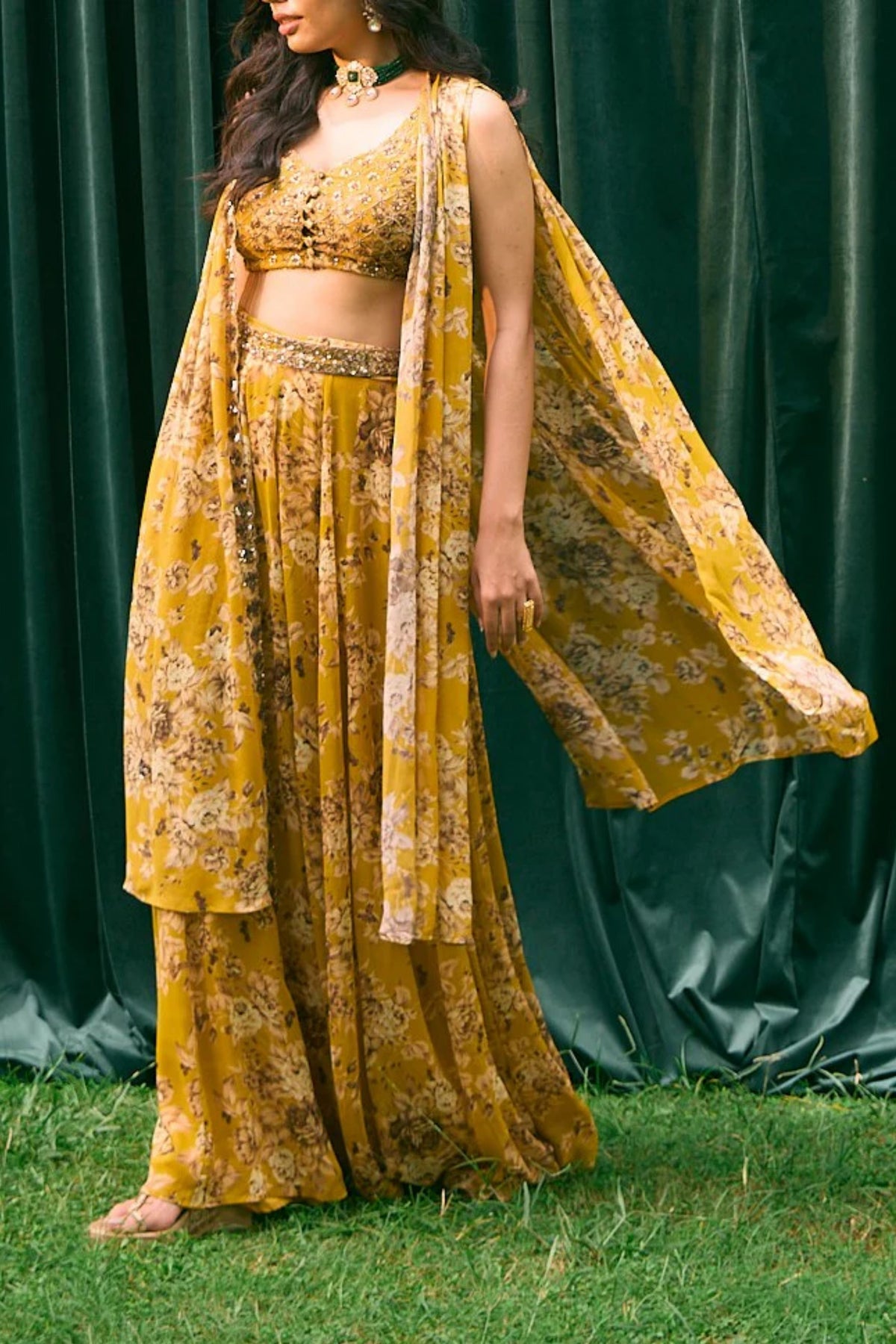 Mustard Floral Cape Set
