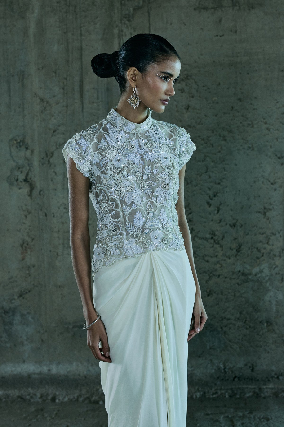 Ivory 3-d Embroidered Top With Skirt