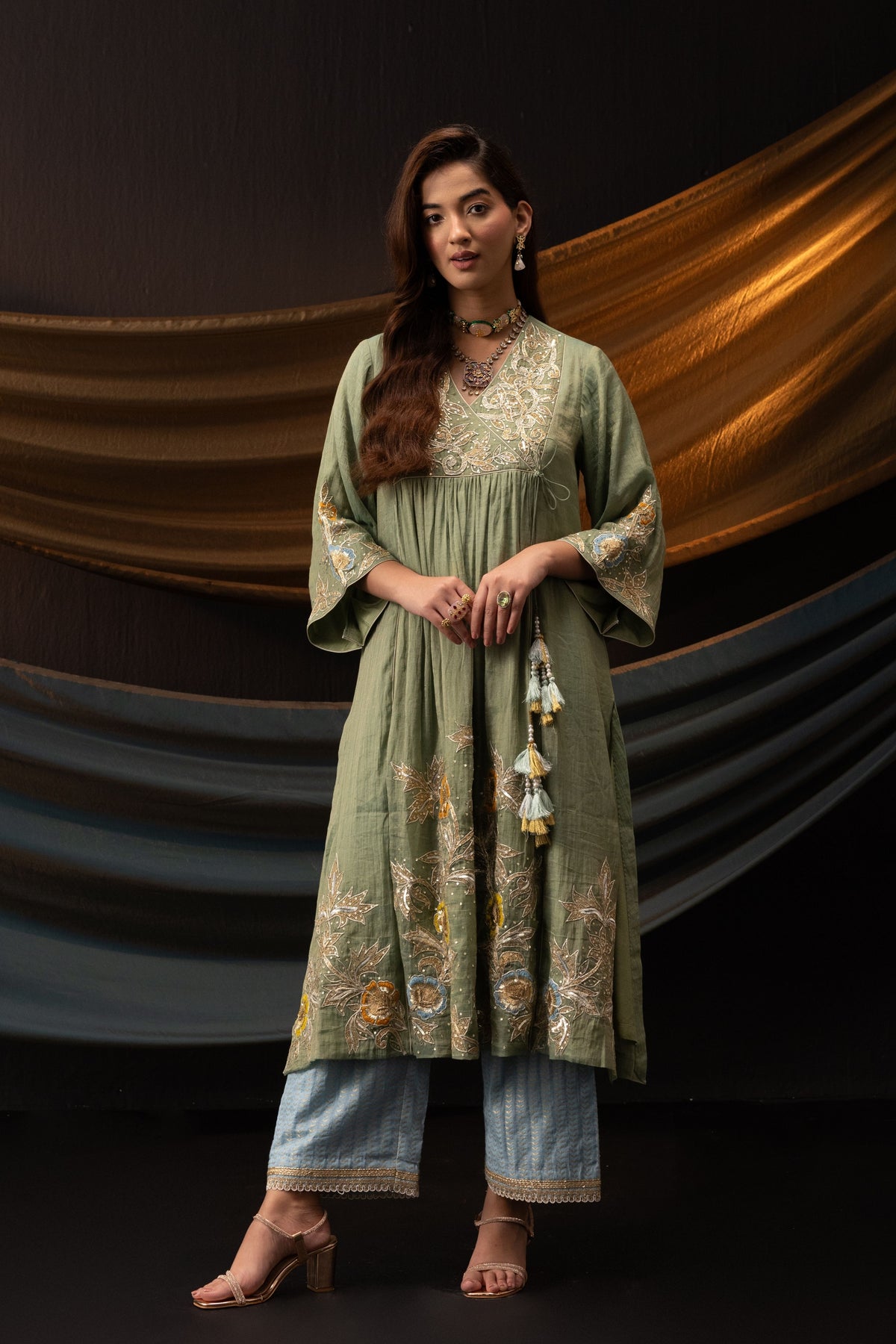 Teal 3D Embroidered Kurta Set