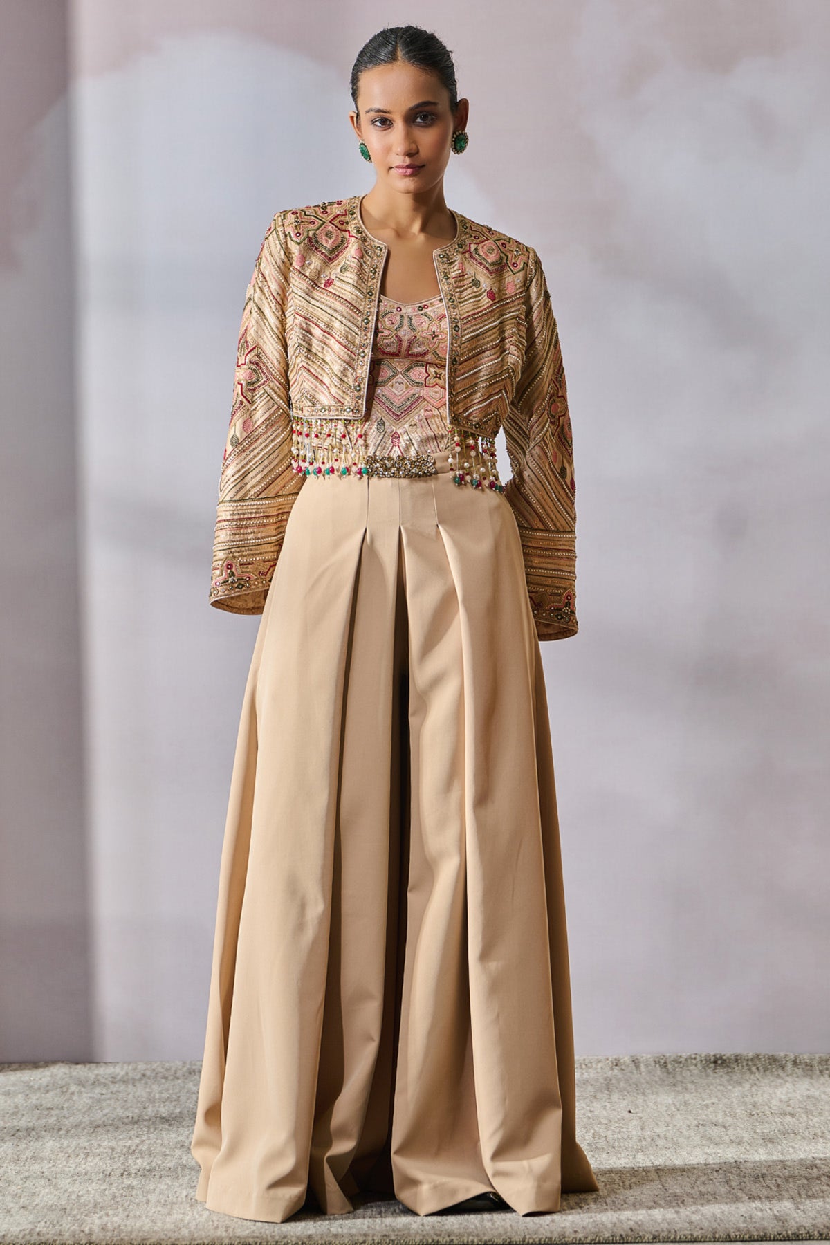 Embroidered Jacket With Corset And Metallic Pants