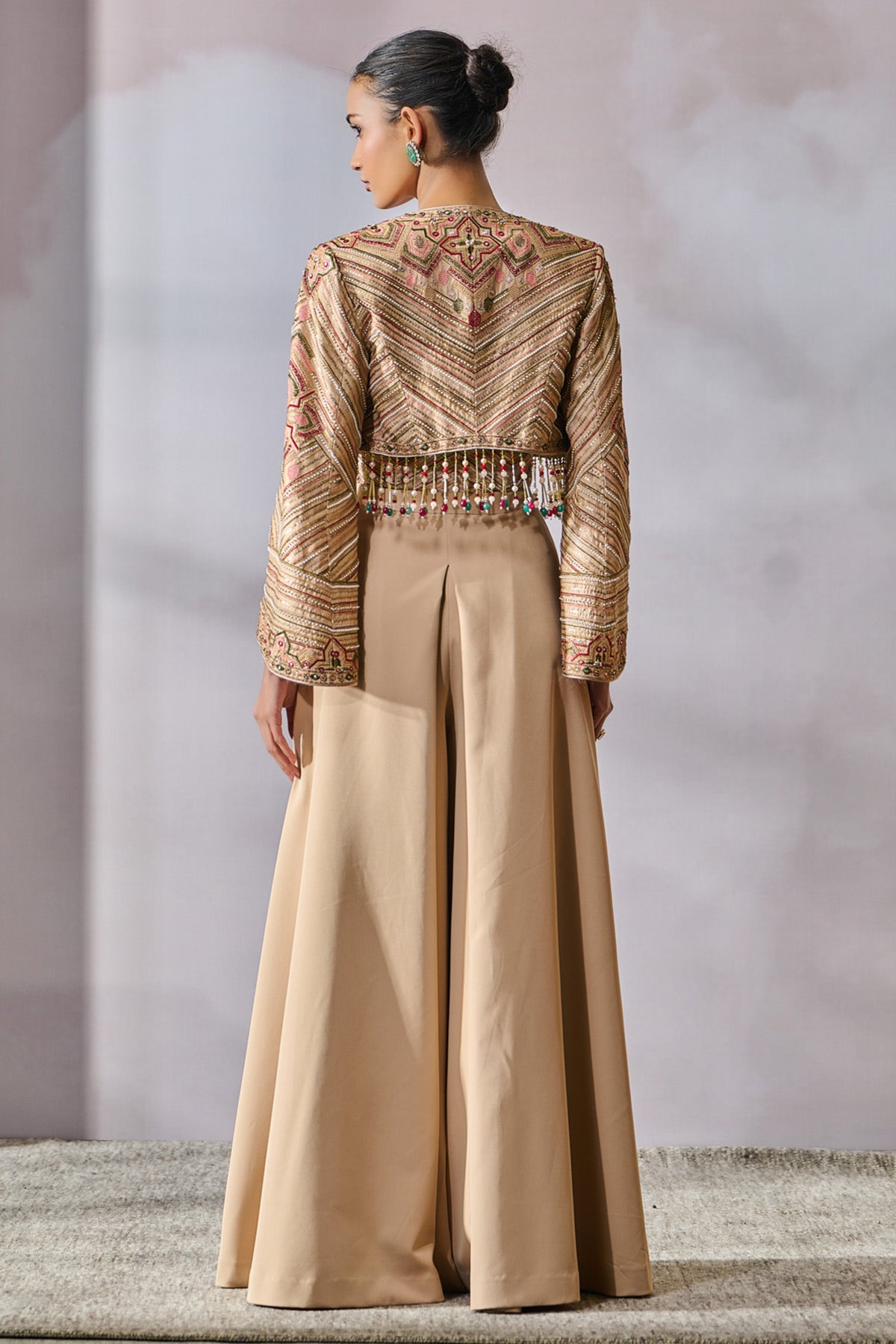 Embroidered Jacket With Corset And Metallic Pants