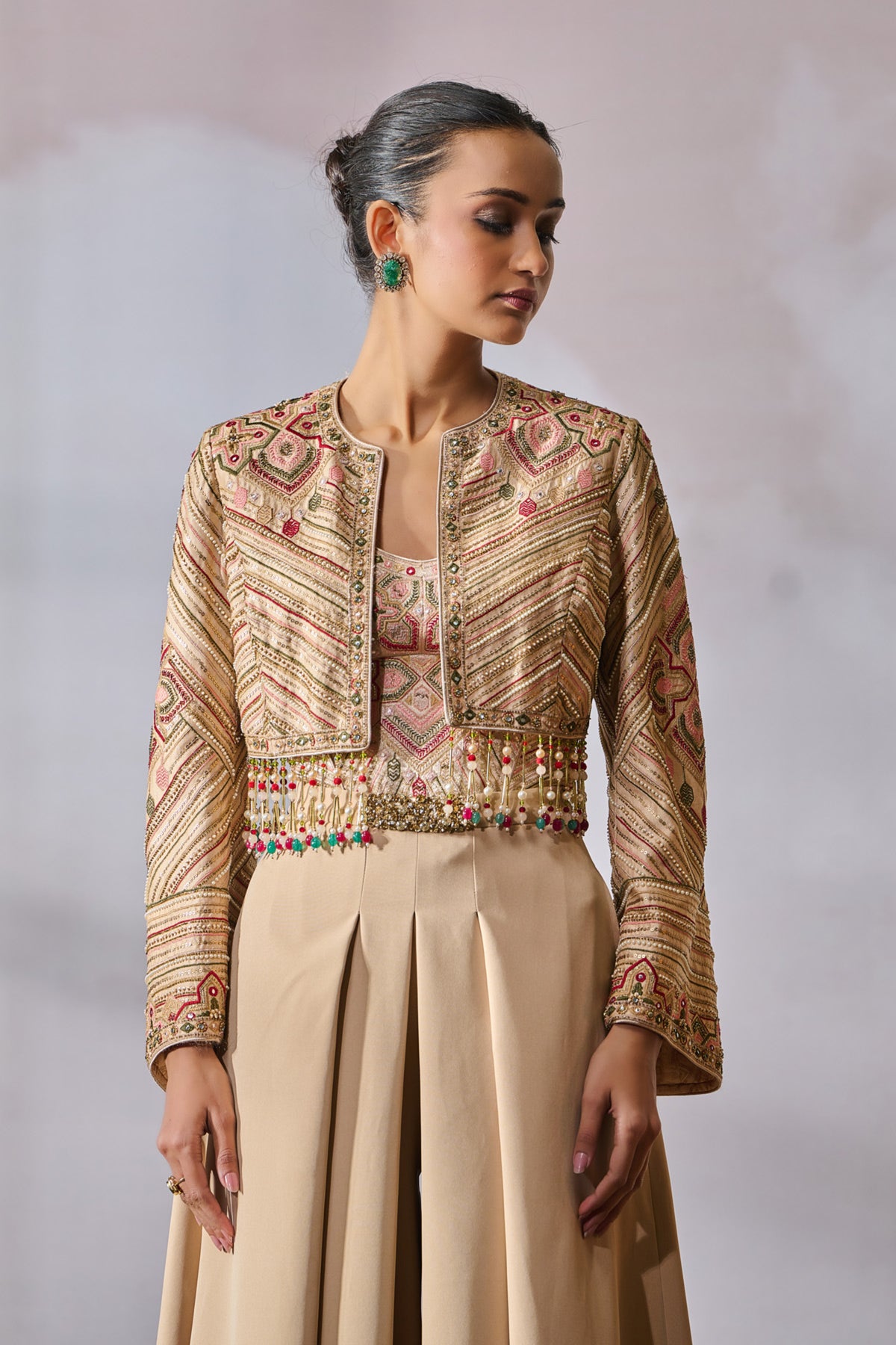 Embroidered Jacket With Corset And Metallic Pants