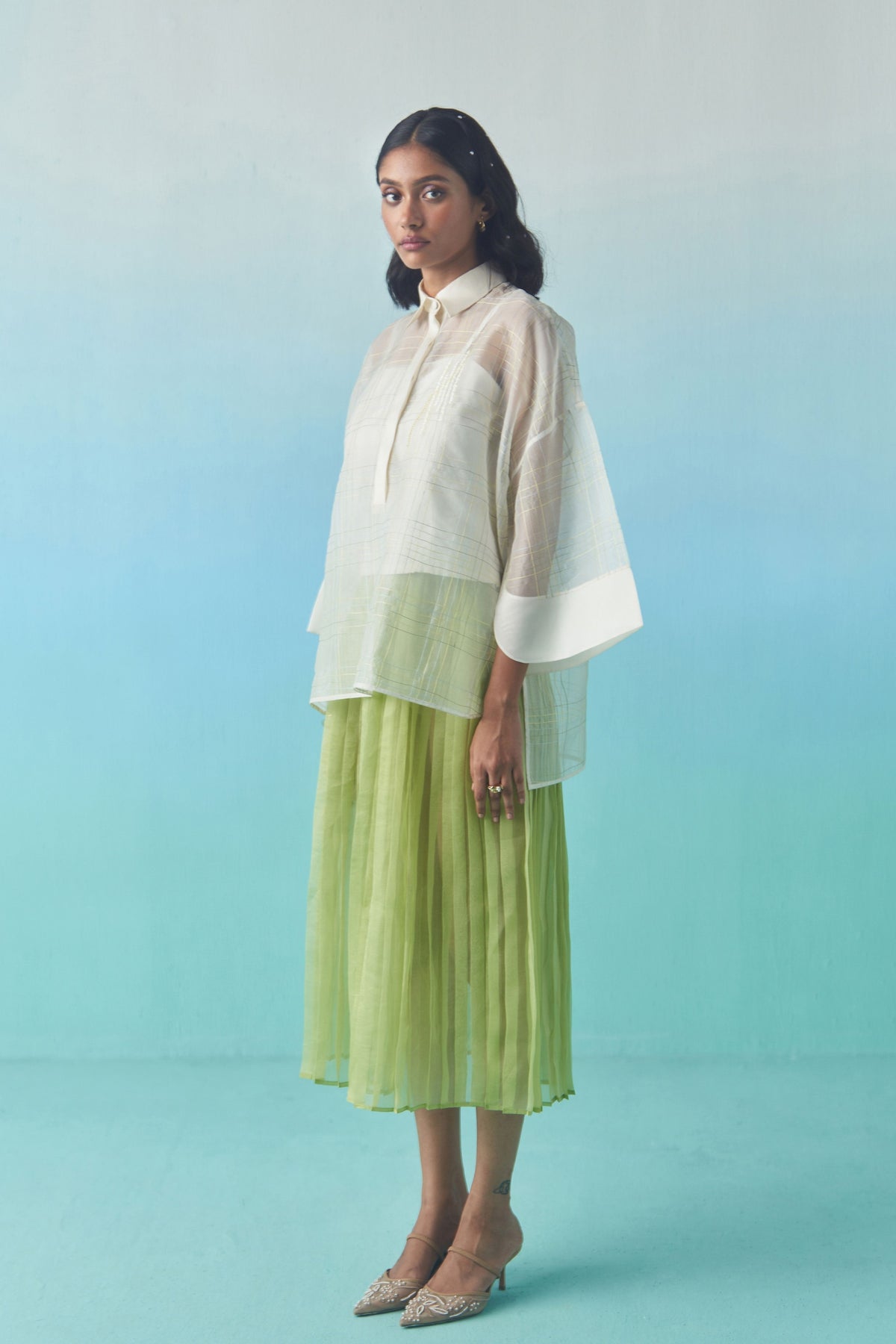 Green Organza Accordion Skirt