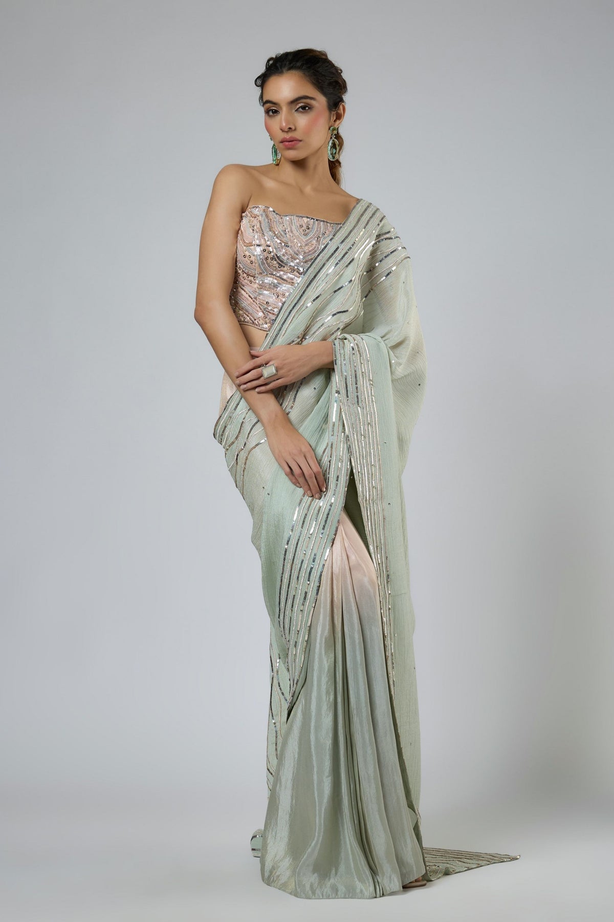Mint Ombre Draped Saree Set