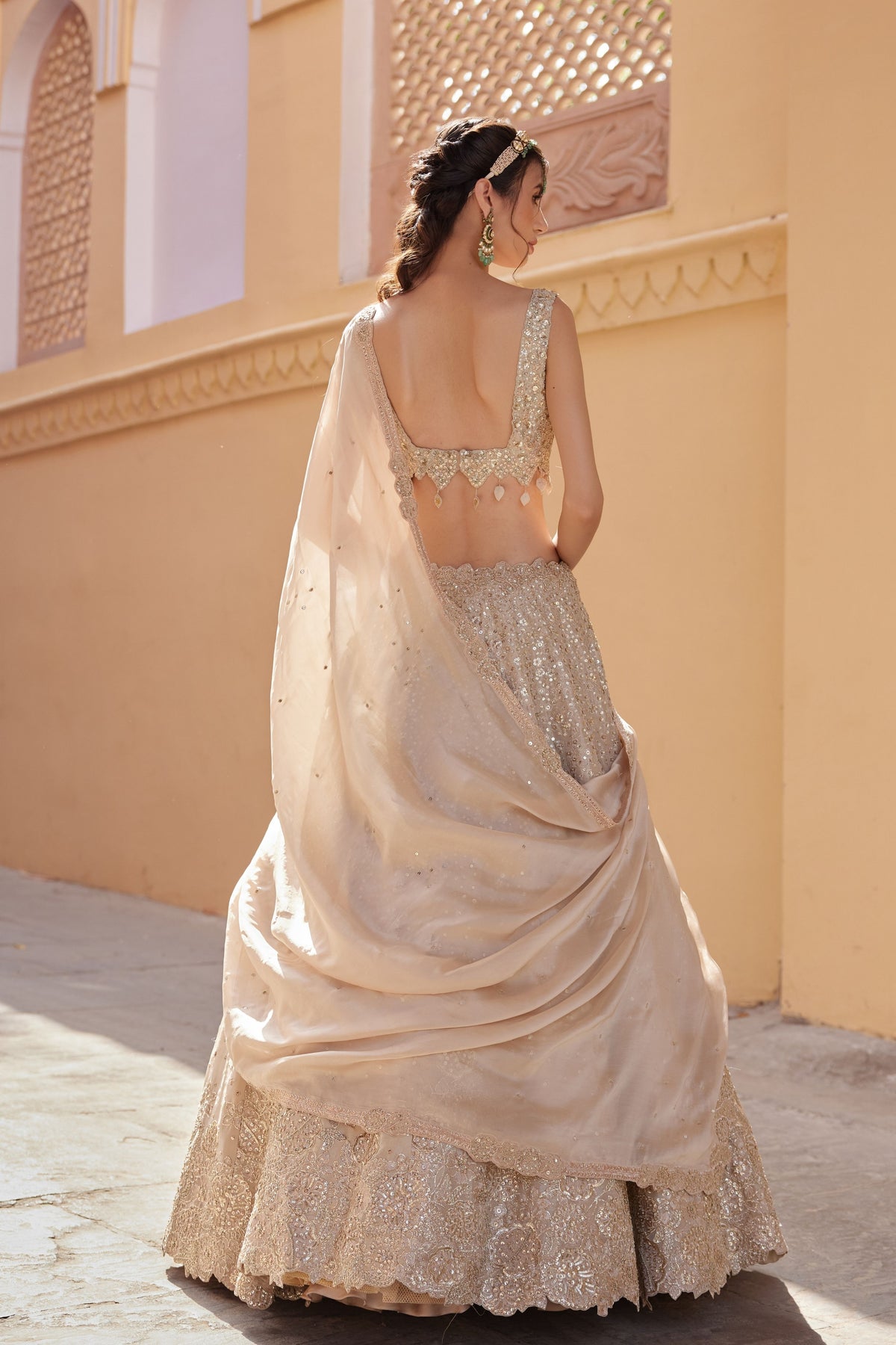 Beige Champagne Embroidered Lehenga