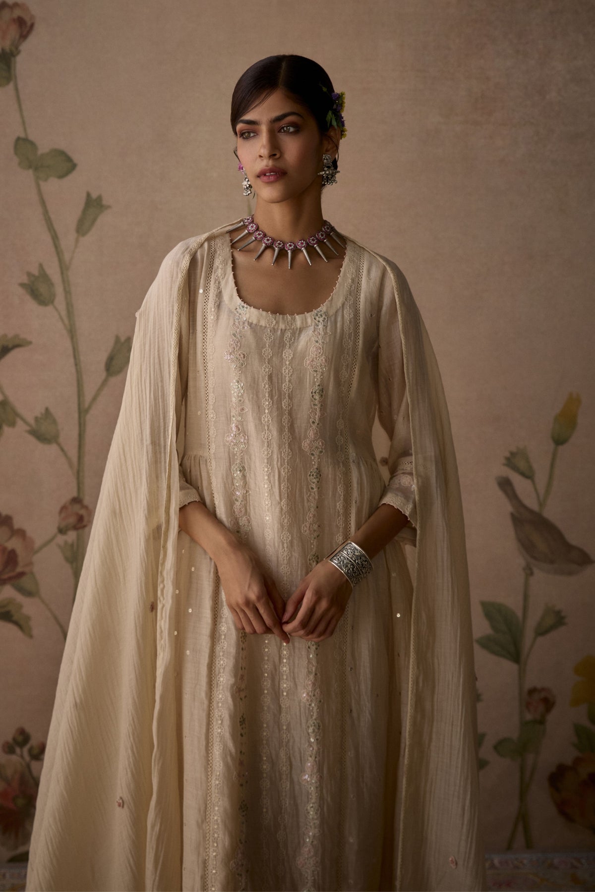 Ivory Chanderi Panelled Kurta Set