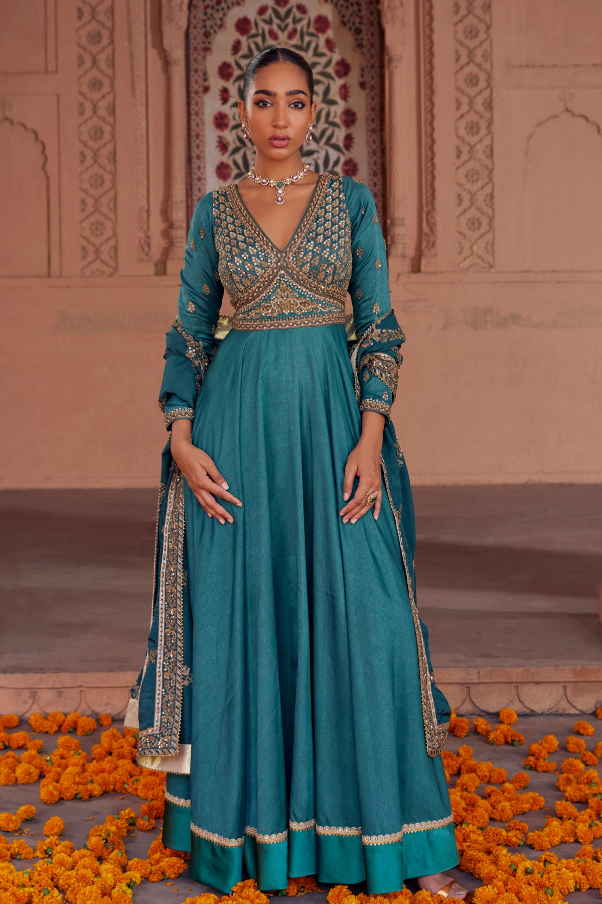 Barkha Turquoise Elegance in Fine Silk Anarkali With Zari Work