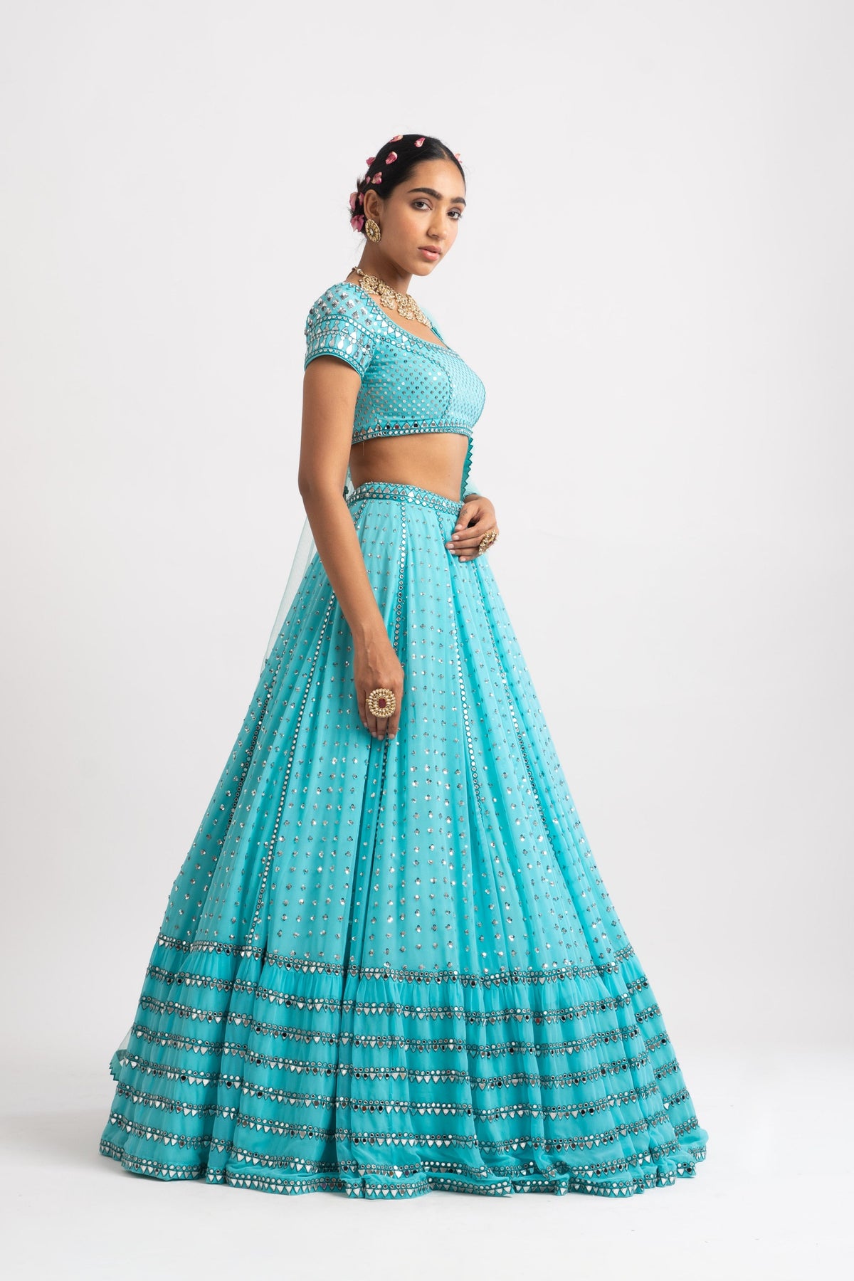 Mint blue single tier lehenga