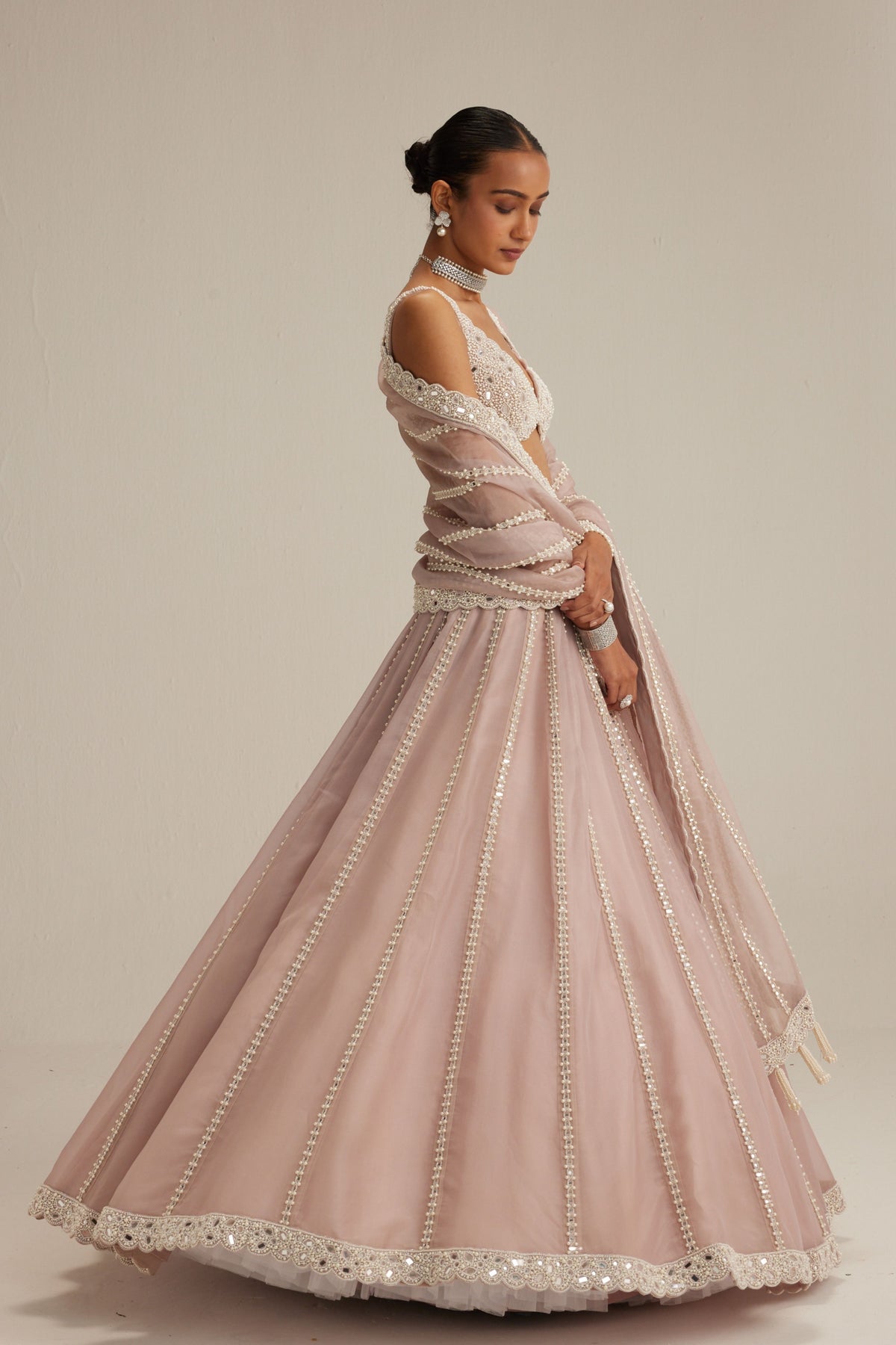 Ash Pink Pearl Mirror Lehenga