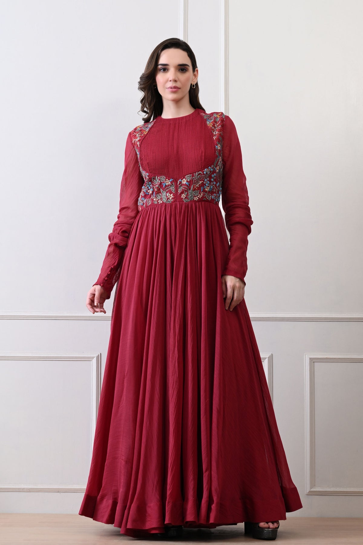 Maroon Pintuck Bodice Embroidered Anarkali