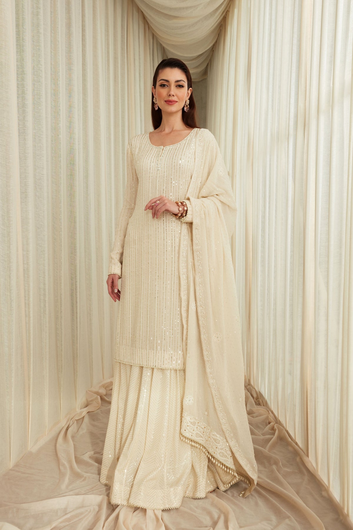 Ivory Sequins Sharara Set