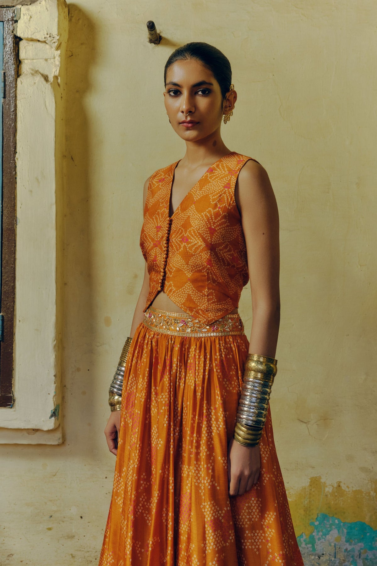Ochre Print Lehenga Set