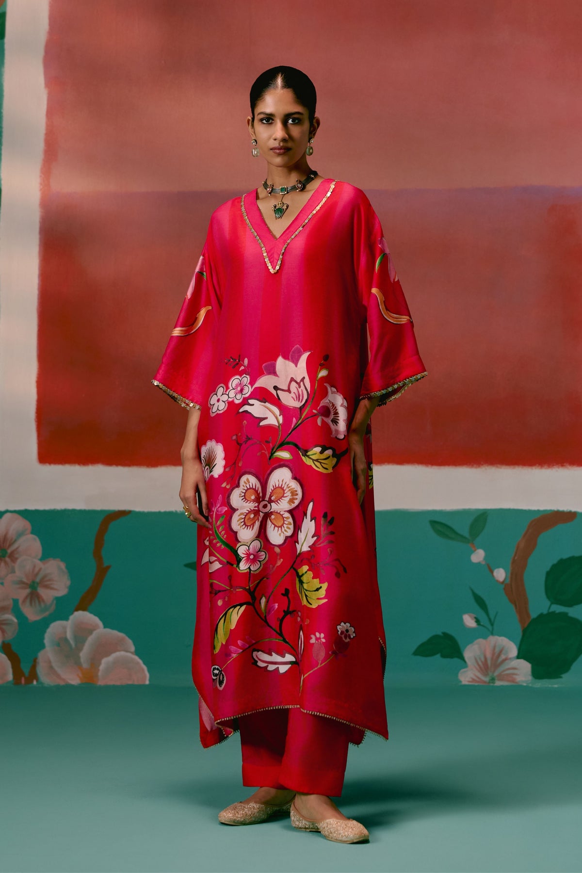 Fuschia Floral Kaftan Set