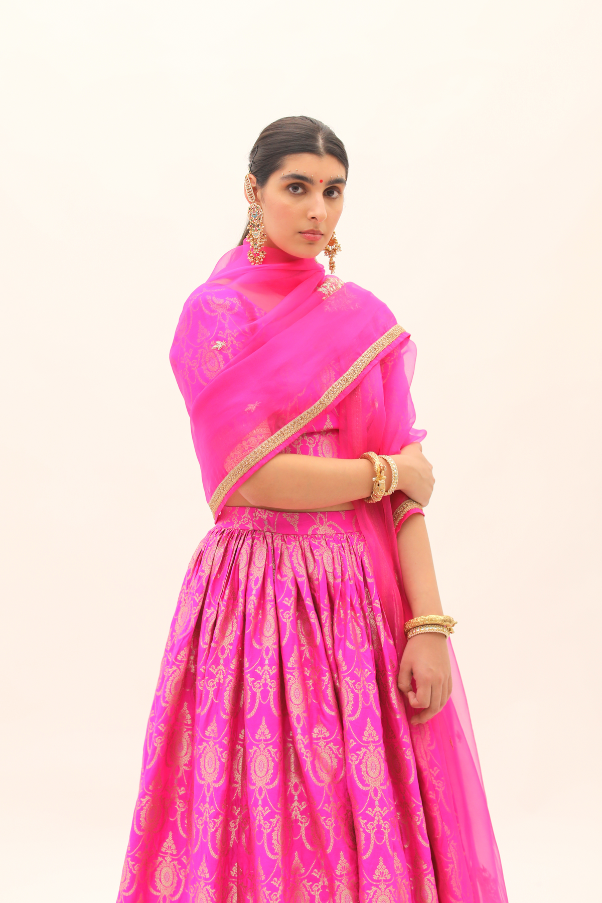 Fushia Pink Brocade Benarasi silk lehenga Set