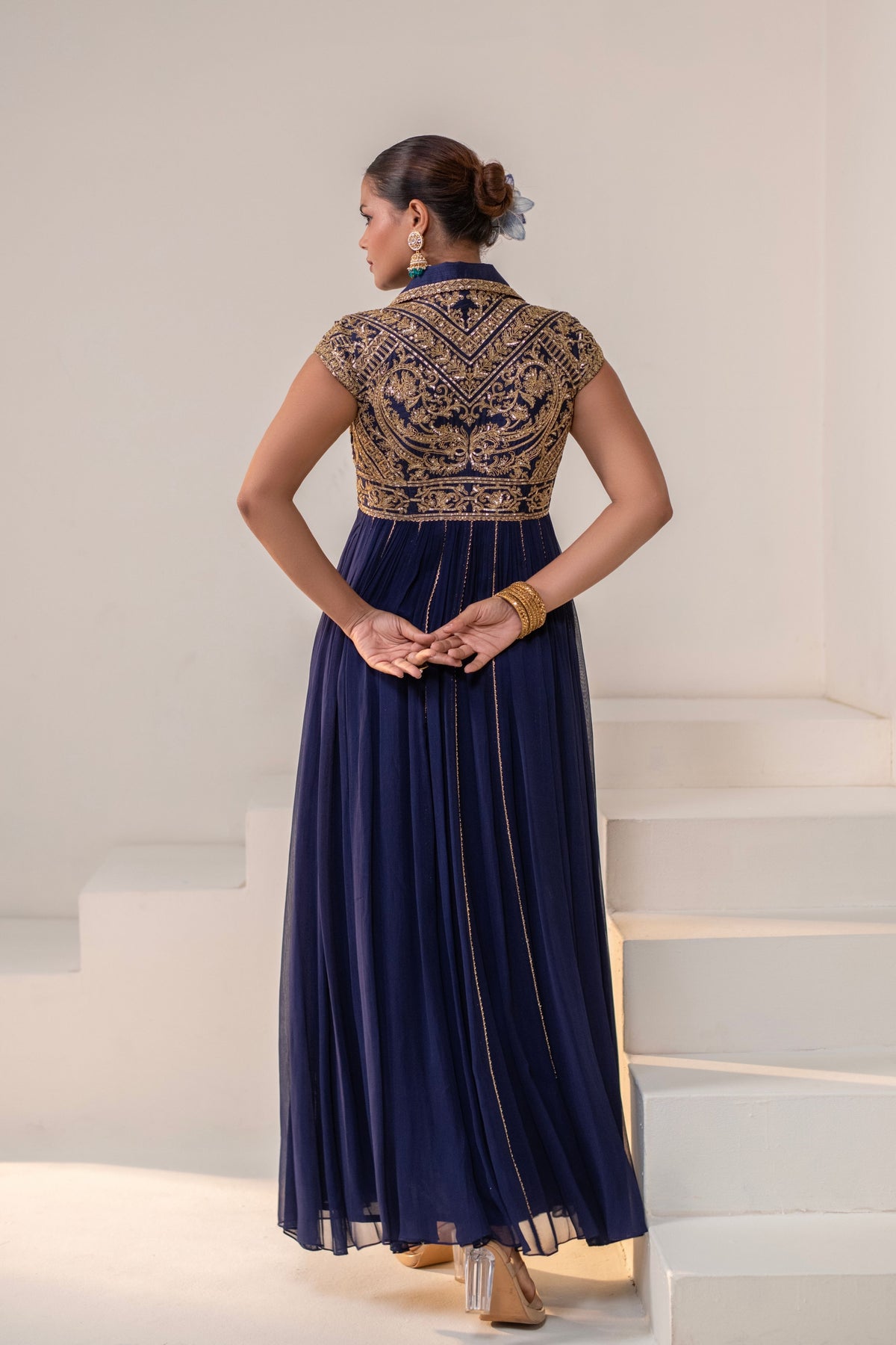 Navy Blue Lapel-Collared Anarkali
