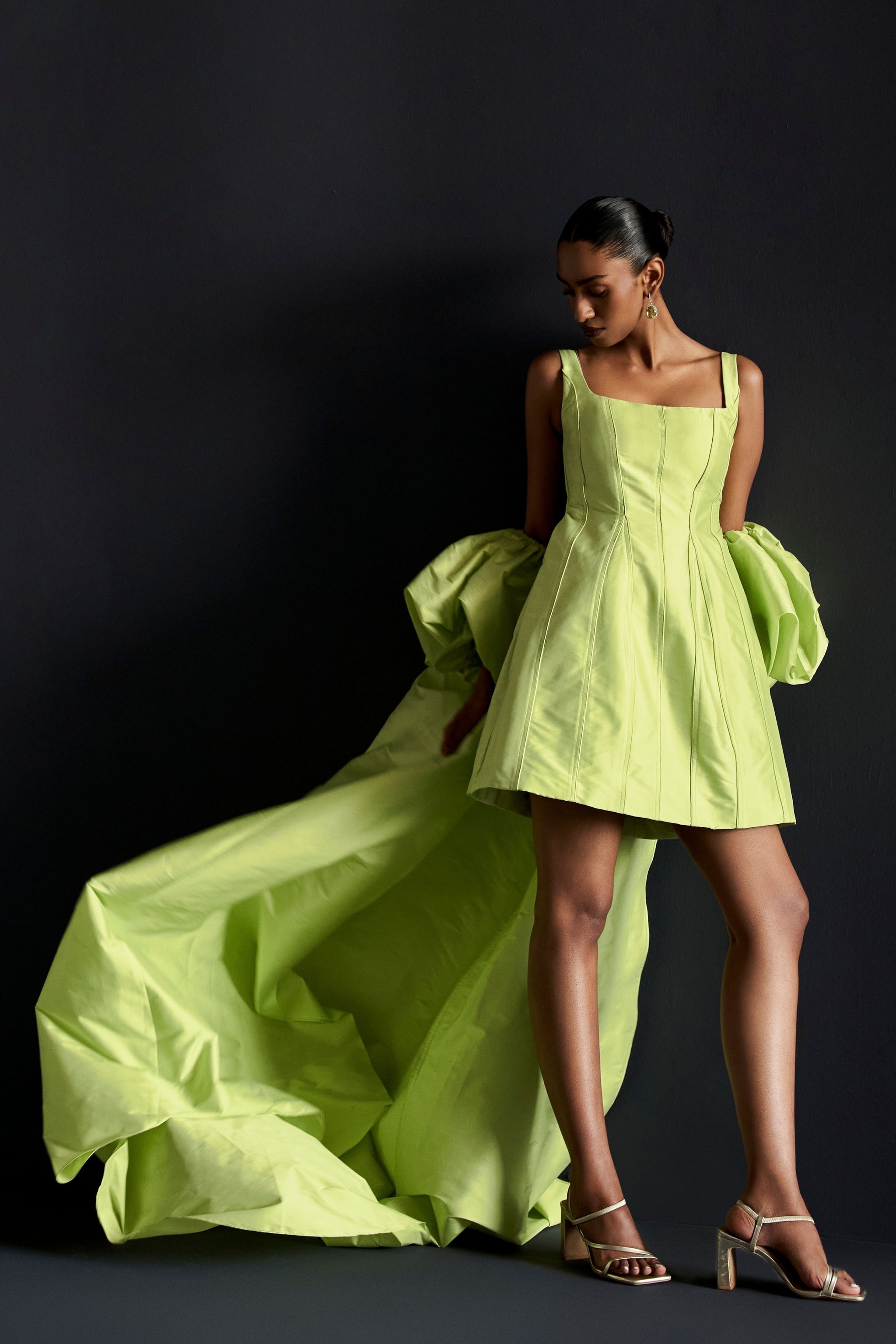 short dress with long cape Black short dress with cape and sequins