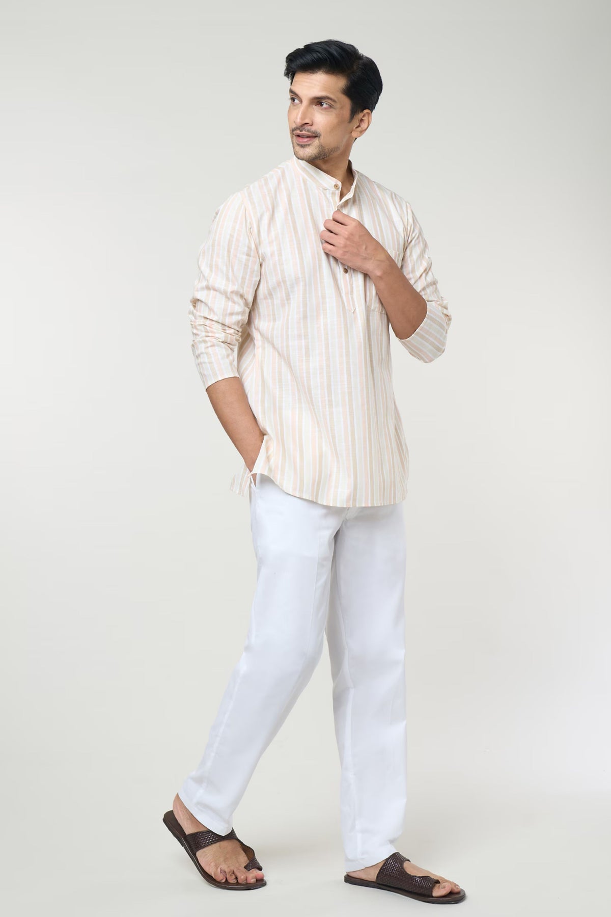 Beige Striped Printed Shirt Set